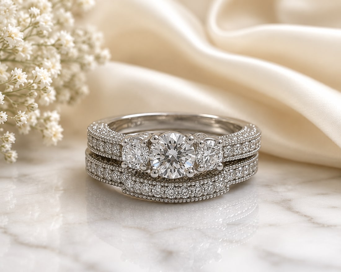 14K White Gold Diamond Three-Stone Ring with AIGL Appraisal: Elegant 14K white gold diamond ring featuring three prominent round brilliant-cut diamonds across the center, accented by multiple rows of smaller diamonds throughout the setting. The wide band featur