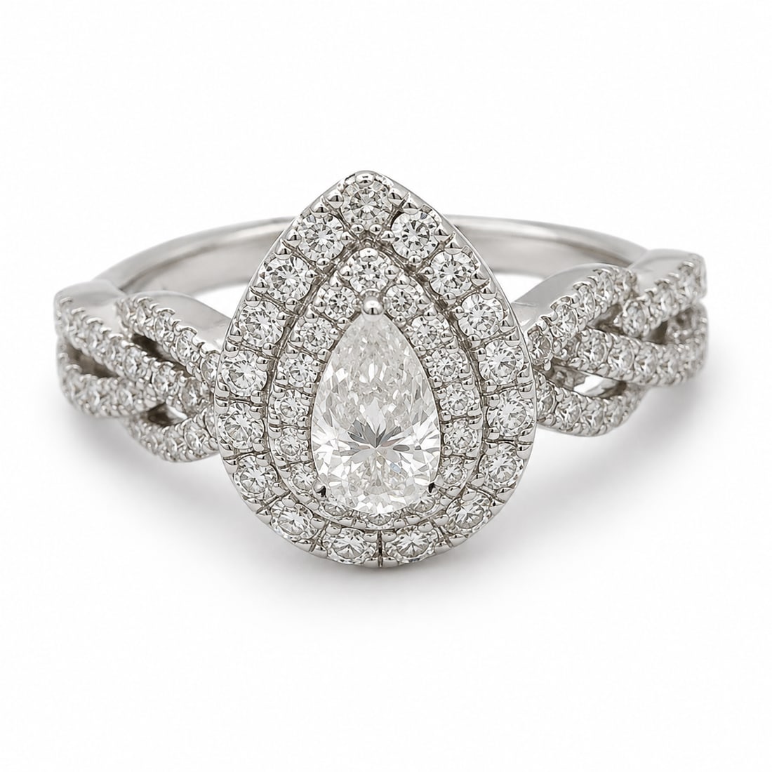 14K White Gold Pear-Shaped Diamond Halo Ring with EGLABS Report: Elegant 14K white gold diamond ring featuring a pear-shaped brilliant-cut center diamond framed by a double halo of round brilliant-cut diamonds. The shoulders feature an intricate interwoven design a