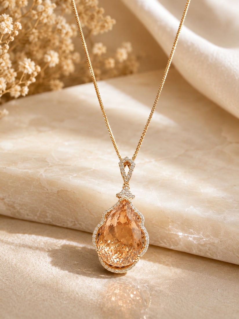 14K Gold Morganite & Diamond Pendant Necklace with AIGL Appraisal