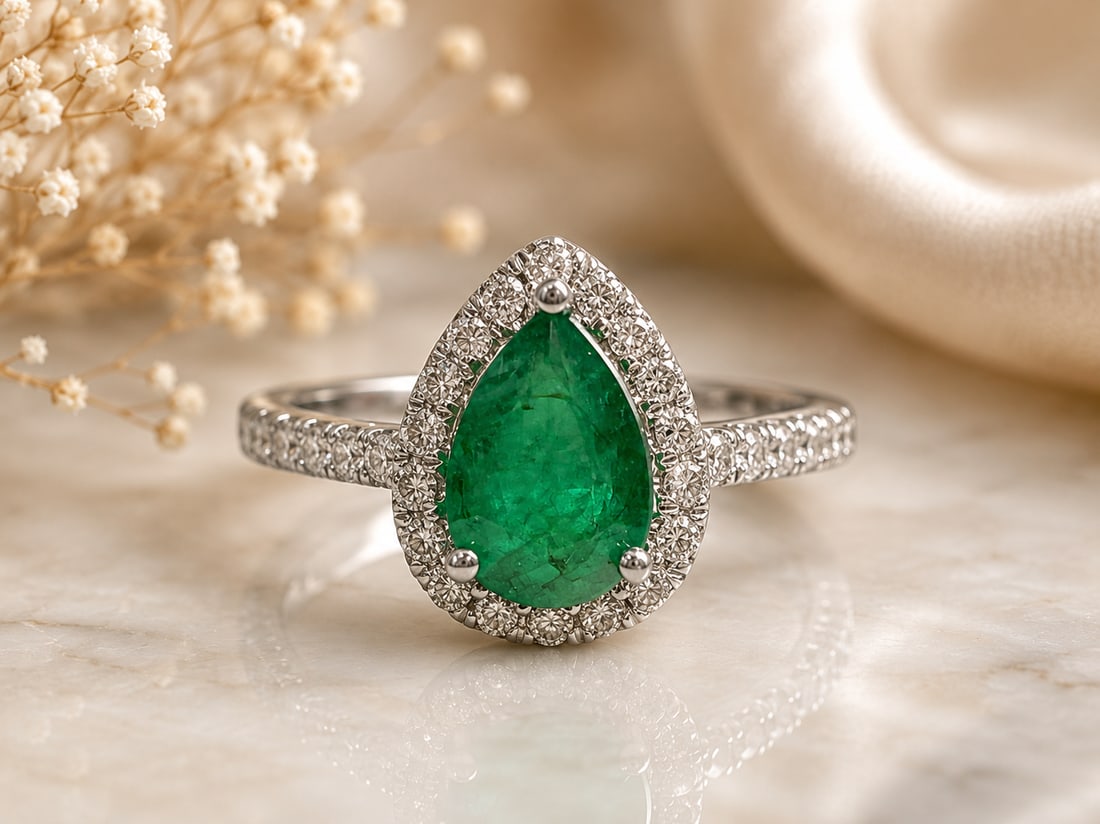 14K White Gold Emerald & Diamond Halo Ring with AIGL Appraisal: Elegant 14K white gold ring centered with a pear-shaped green emerald surrounded by a halo of round diamond accents. Additional diamonds extend along the band, creating a classic and refined fine jewe
