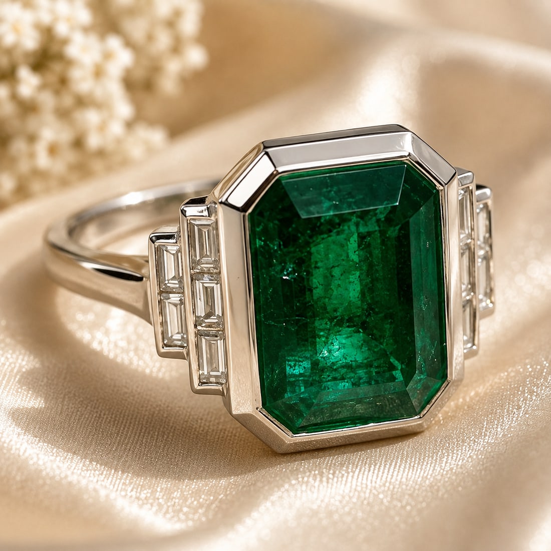 Platinum Emerald & Diamond Ring with AIGL Appraisal: Impressive platinum ring centered with a large emerald-cut natural green emerald in a geometric setting, accented on each side by baguette-cut diamonds. The architectural design highlights the emerald