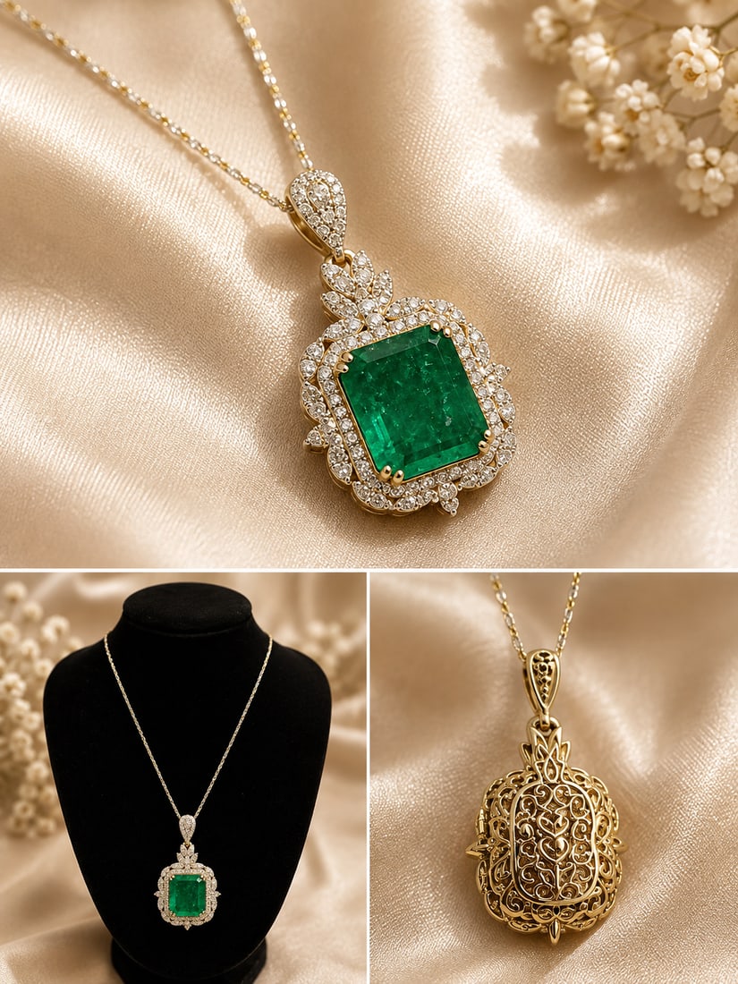 14K Gold Emerald & Diamond Pendant Necklace with Appraisal: Elegant 14K gold pendant necklace featuring a rectangular-cut green emerald surrounded by an ornate arrangement of diamond accents. Additional diamonds embellish the decorative bail and upper setting,