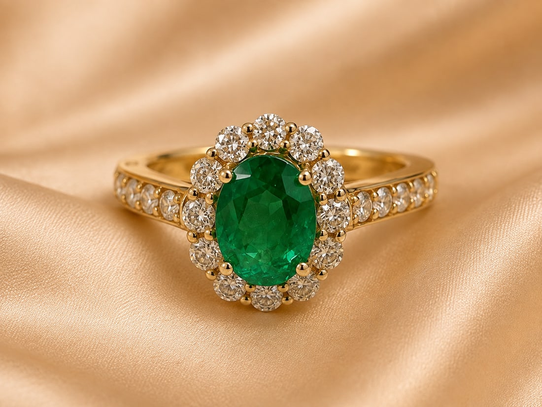 14K Yellow Gold Emerald & Diamond Halo Ring with Appraisal: Elegant 14K yellow gold ring centered with an oval-cut green emerald surrounded by a halo of round diamond accents. Additional diamonds extend along the split-style shoulders, creating a brilliant and
