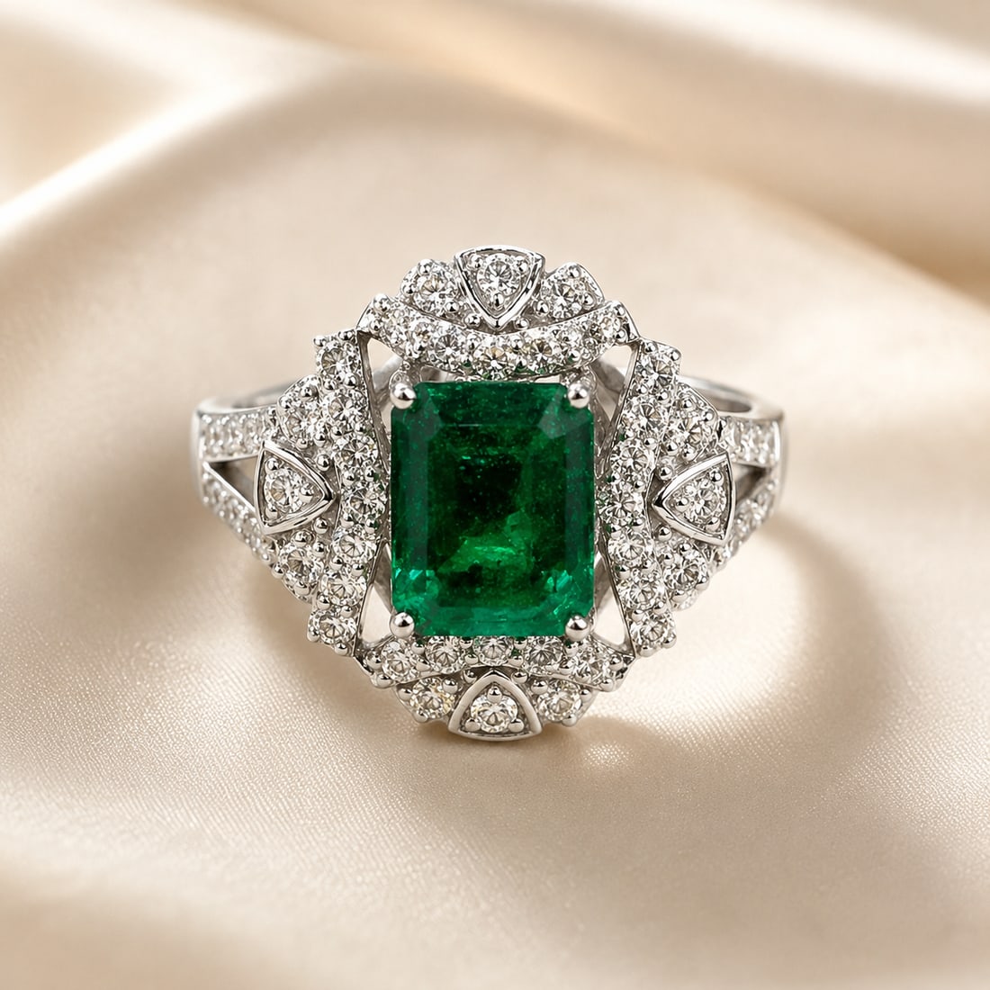 Platinum Emerald & Diamond Ring with GIA Report and AIGL Appraisal: Exceptional platinum ring centered with a rectangular-cut natural green emerald in an ornate diamond-accented setting. The emerald is surrounded by round and geometric diamond accents with intricate o