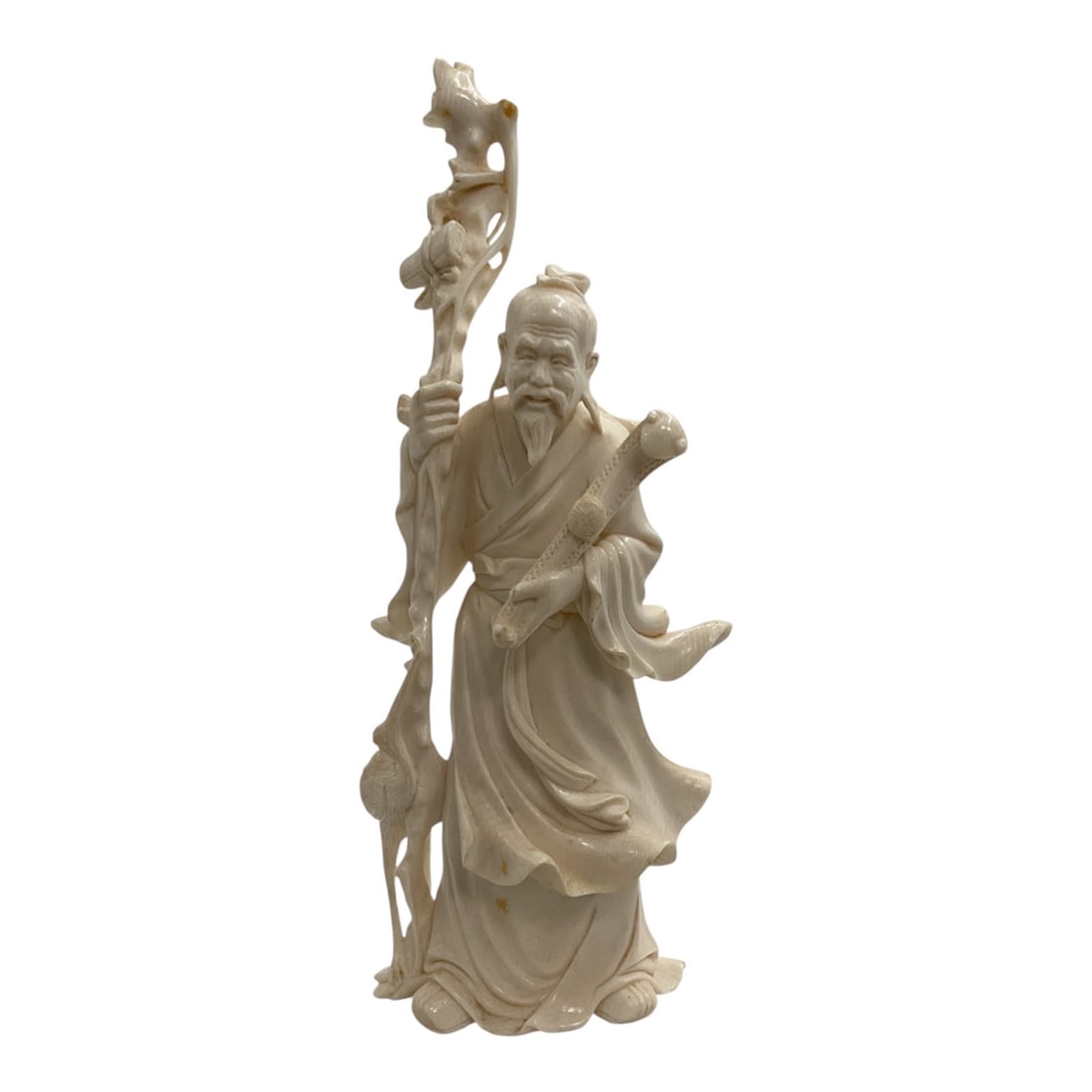 Asian-Style Carved Bearded Elder with Ornate Staff Sculpture: A finely detailed Asian-style carved figural sculpture depicting a standing bearded elder or sage dressed in flowing traditional robes. The figure holds an elaborate tall staff decorated with openwork