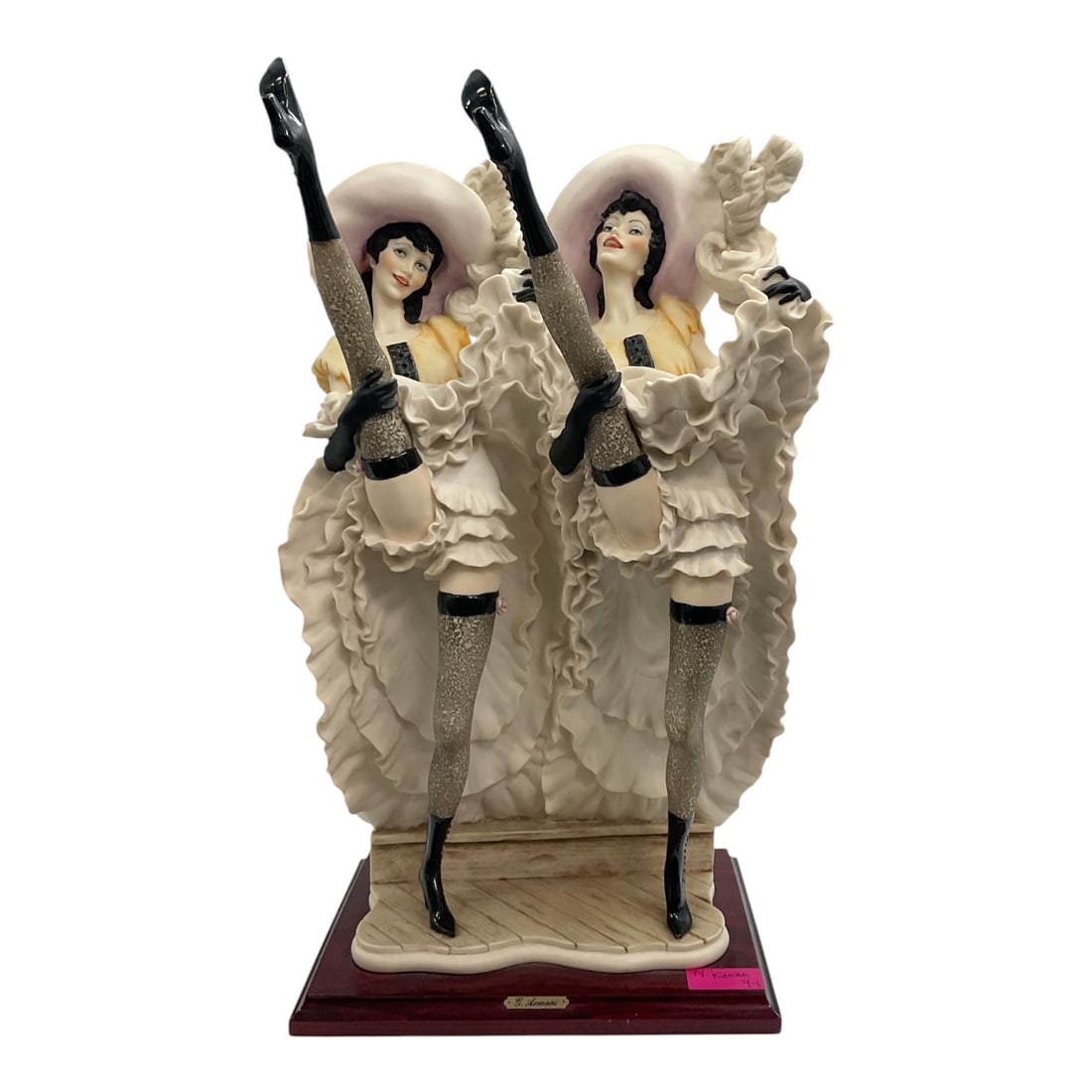 Giuseppe Armani Florence Can-Can Dancers Porcelain Figurine: Porcelain figurine designed by Giuseppe Armani for Florence, depicting a pair of lively can-can dancers in coordinated theatrical costumes. The figures are captured in an energetic high-kick pose with