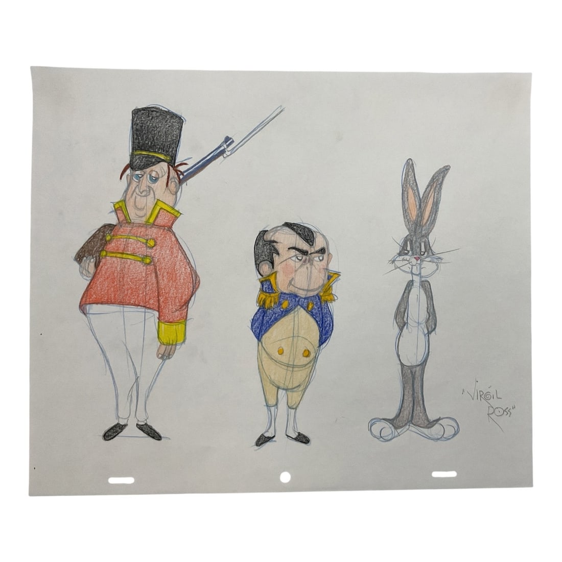 Napoleon Bunny-Part Animation Drawing by Virgil Ross (American, 1907-1996) Graphite and Colored: An original multi-character animation drawing by master Warner Bros. animator Virgil Ross. Rendered in graphite and colored pencil on 12-hole peg-punched animation paper, the artwork depicts Bugs Bunn