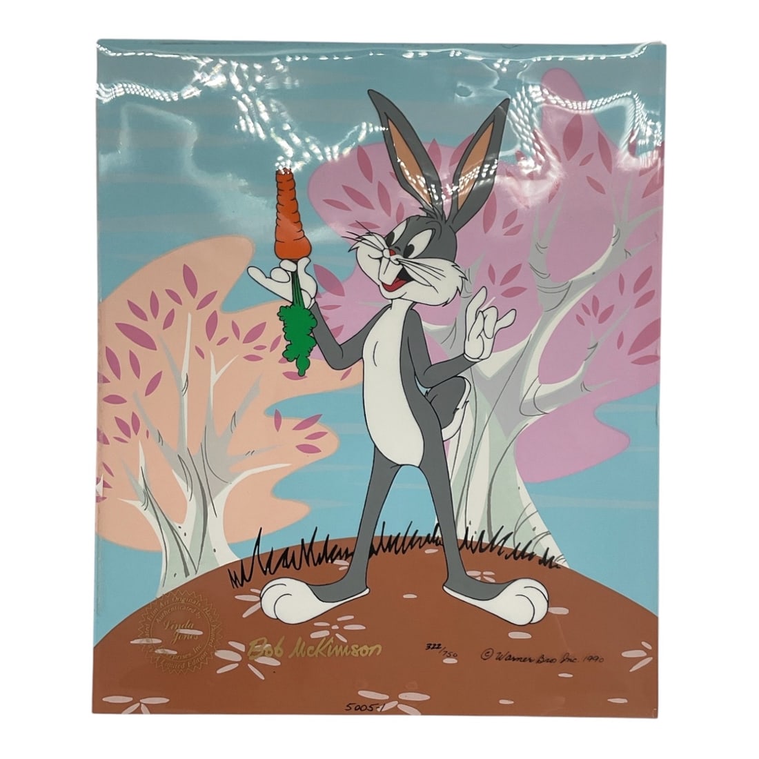 Bugs Bunny Limited Edition Animation Cel Signed by Robert McKimson (American, 1910-1977): A hand-painted limited edition animation cel depicting Bugs Bunny standing in an outdoor forest landscape holding a carrot. Hand-signed in ink "Bob McKimson" along the lower left foreground,
