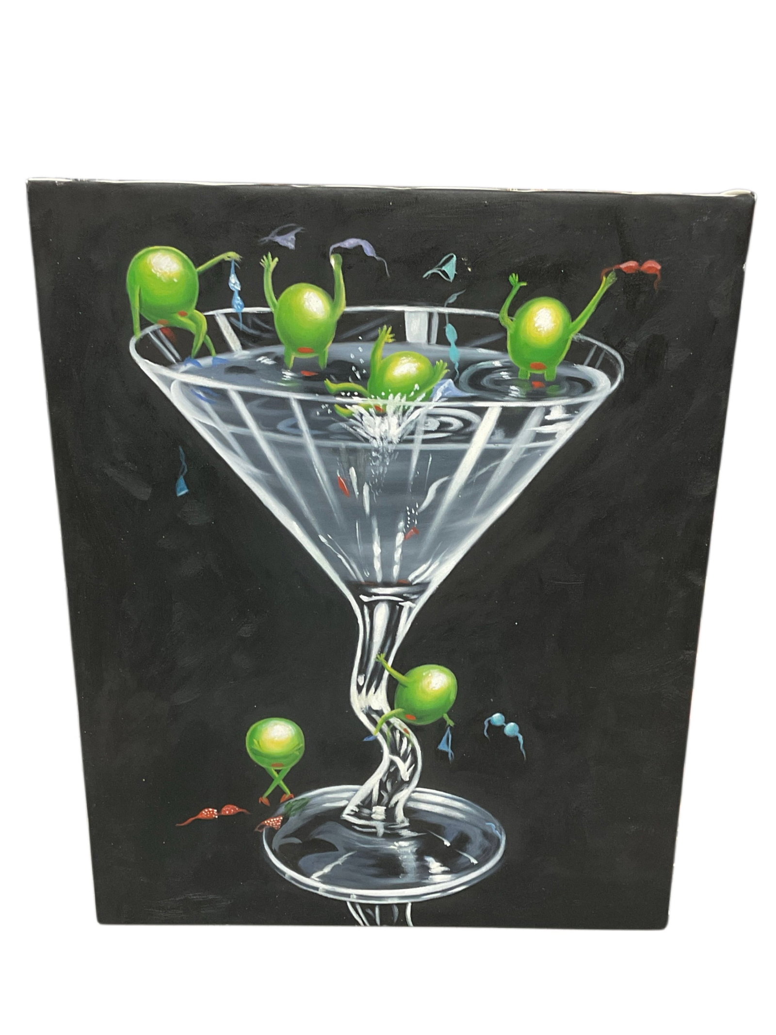 Martini Limbo by Michael Godard (American, B. 1958) Oil on Canvas: An original painting titled Martini Limbo by contemporary pop artist Michael Godard, known as the Rock Star of the Art World. The composition features his signature playful anthropomorphic green olive