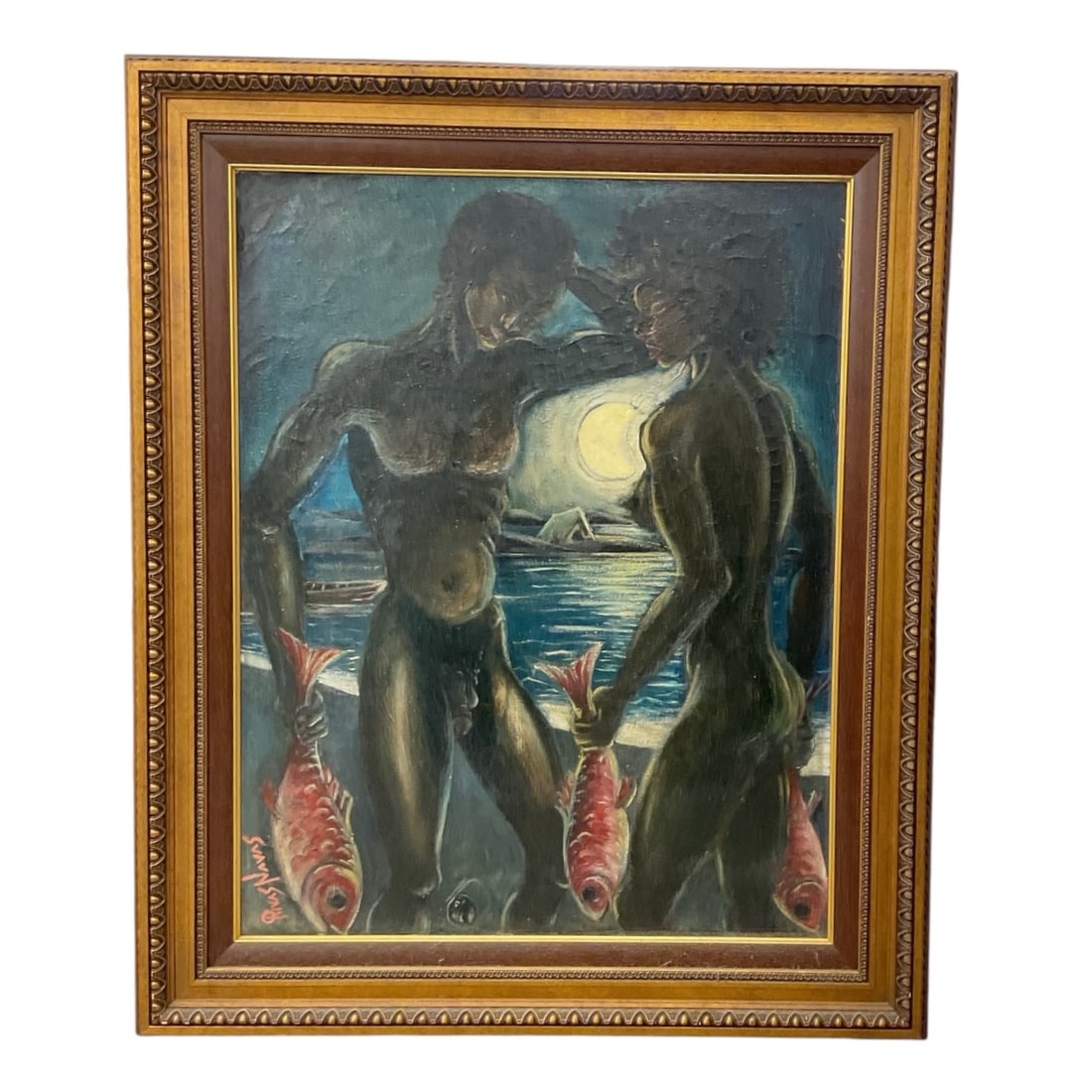 Guillermo Rivas Navas The Fisherman of the Bay w/ COA: An expressive oil on canvas painting titled The Fisherman of the Bay by Guillermo Rivas Navas. The work reflects the artist’s distinctive figurative approach, combining bold forms, expressive co
