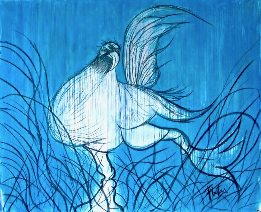 "Mansa... La Gaviota" by Miguel Fleitas (Cuban/American, B. 1956) Acrylic on Canvas: This monumental, highly expressive contemporary painting showcases a stylized bird captured in dynamic, fluid motion. Sweeping black ink-like linework defines the contours of the creature, depicting i