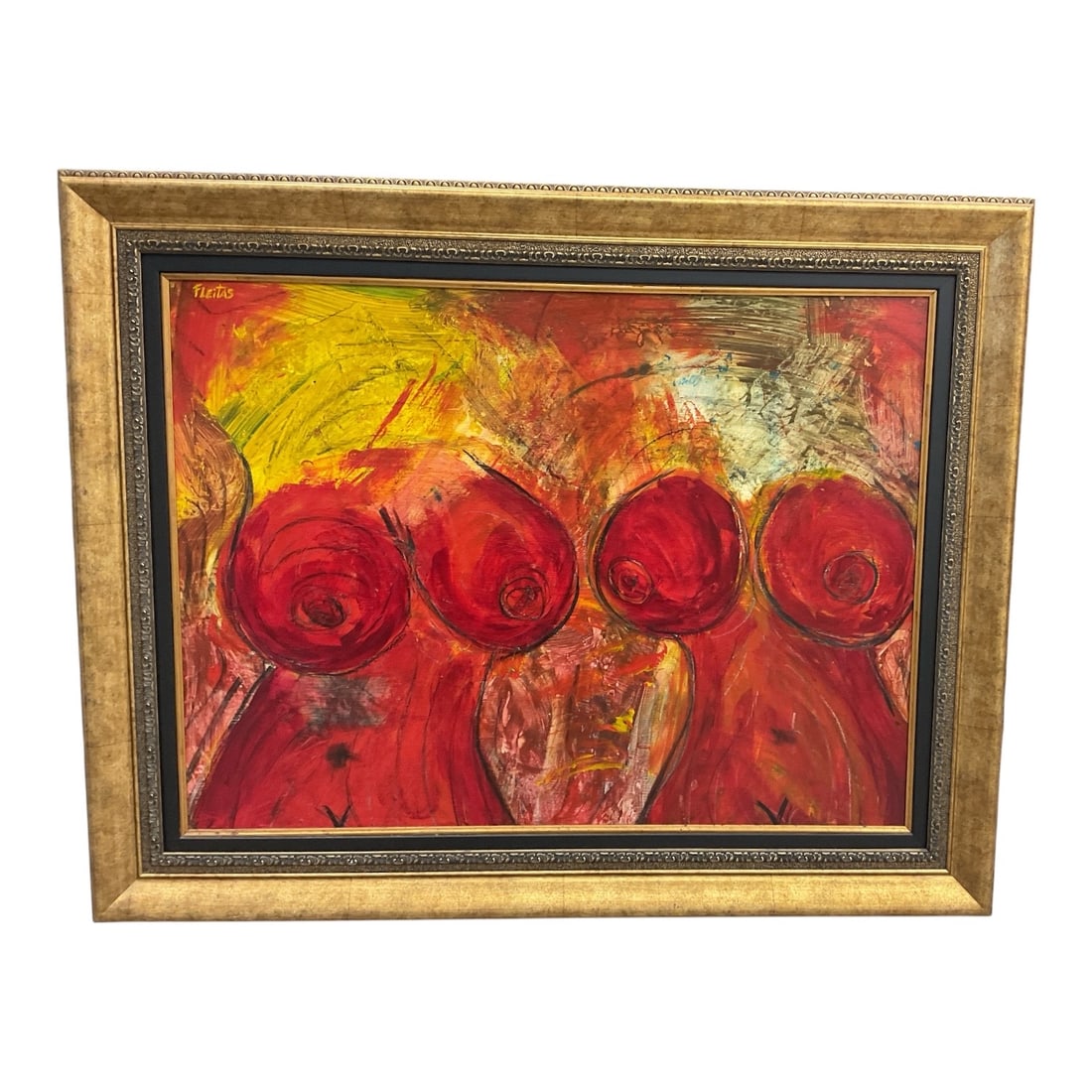 "Dos Amores" by Miguel Fleitas (Cuban/American, B. 1956) Acrylic on Canvas: Vibrant abstract figurative composition depicting two stylized female figures rendered in rich shades of red, orange, yellow, and gold. The artist employs bold color contrasts, expressive brushwork, a