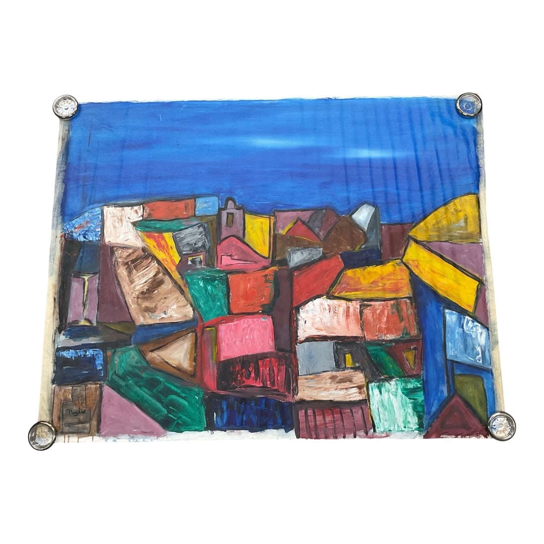 Caserio by Noelio Munoz (Cuban/American, 1972-2020) Acrylic on Canvas: Original acrylic on canvas painting depicting a colorful village or cityscape rendered in a Cubist-inspired style. The composition is constructed from bold geometric forms and angular architectural el