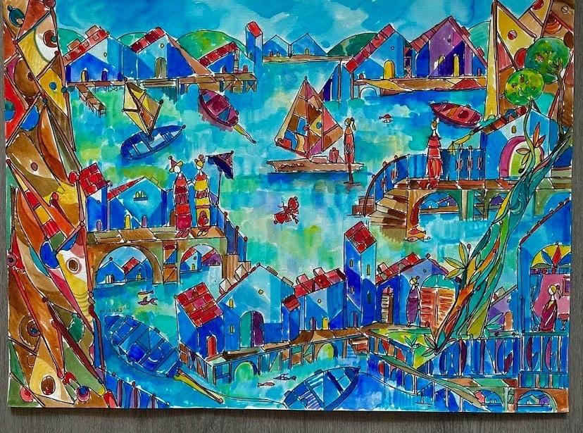 "Marina" by Jose Maria Mijares (Cuban/American, 1921–2004) w/ COA: This exceptional and vibrant original watercolor by master Cuban modernist José María Mijares showcases his signature geometric complexity and lyrical, stained-glass abstraction. The com