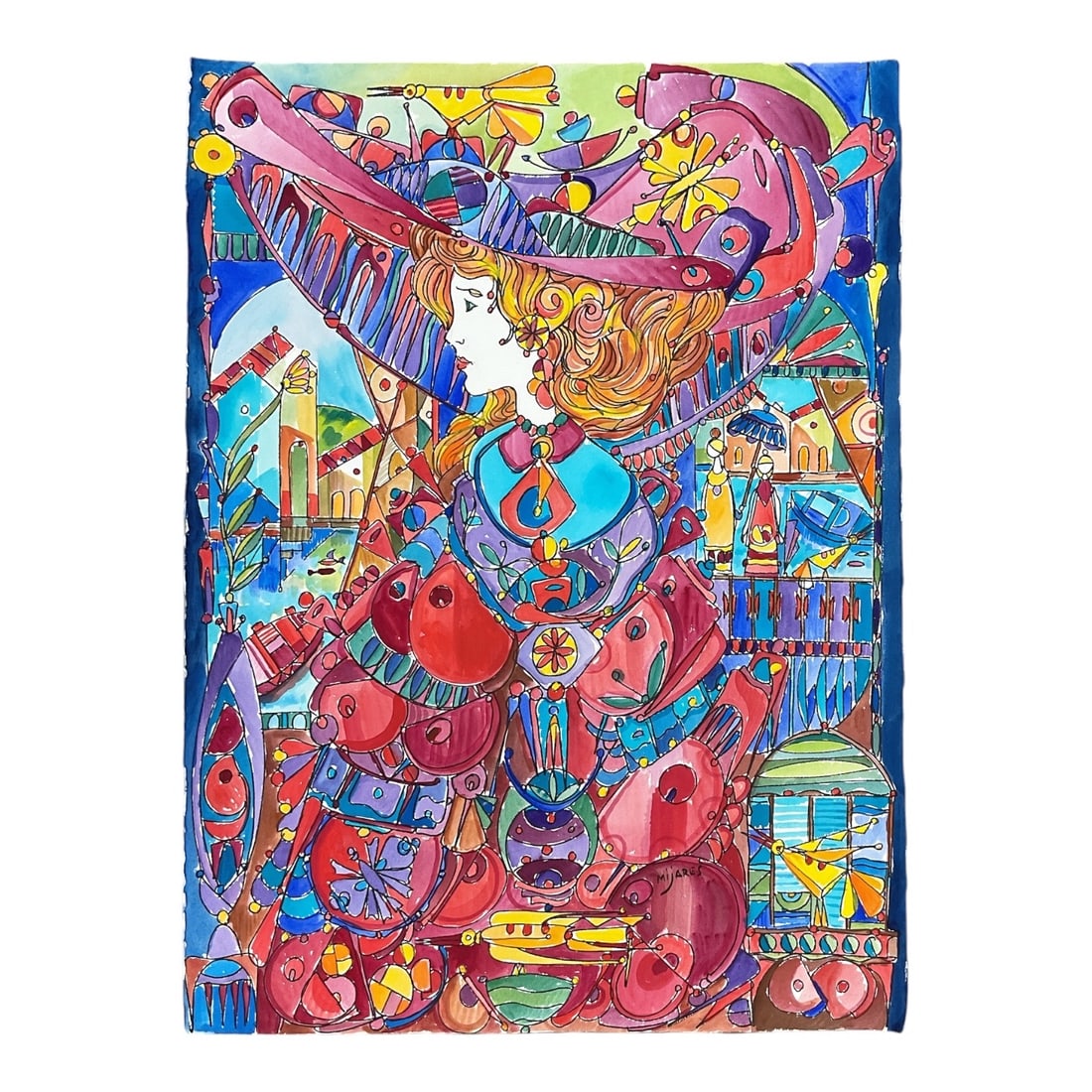 "Habanera" by Jose Maria Mijares (Cuban/American, 1921–2004) Watercolor on Paper: This stunning and intricate original watercolor by master Cuban modernist José María Mijares beautifully showcases his celebrated lyrical abstraction and stained-glass aesthetic. The com