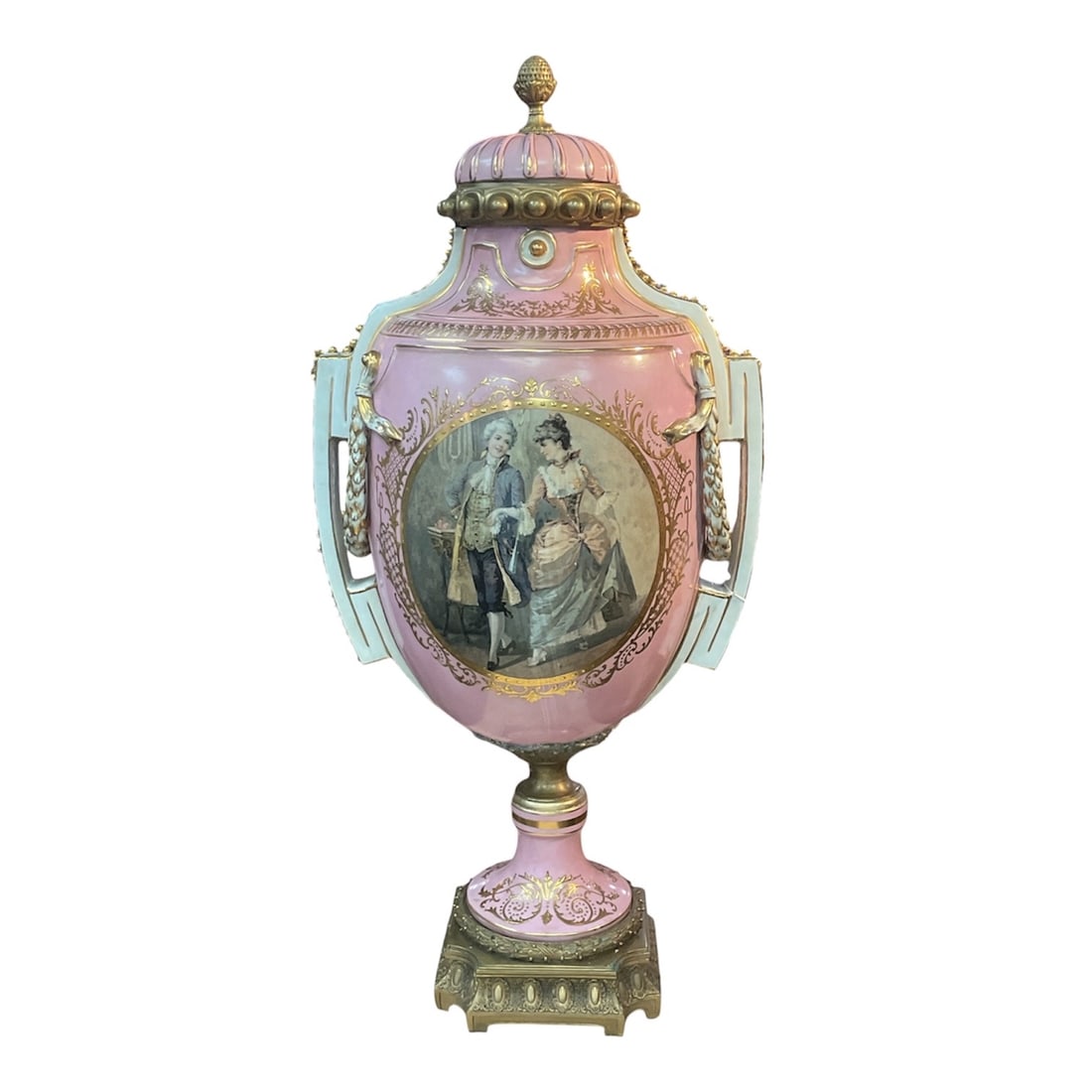 PC911 Pink Porcelain Vase with Hand-Painted Figural Scenes and Dore Bronze Mounts (1 of 5)
