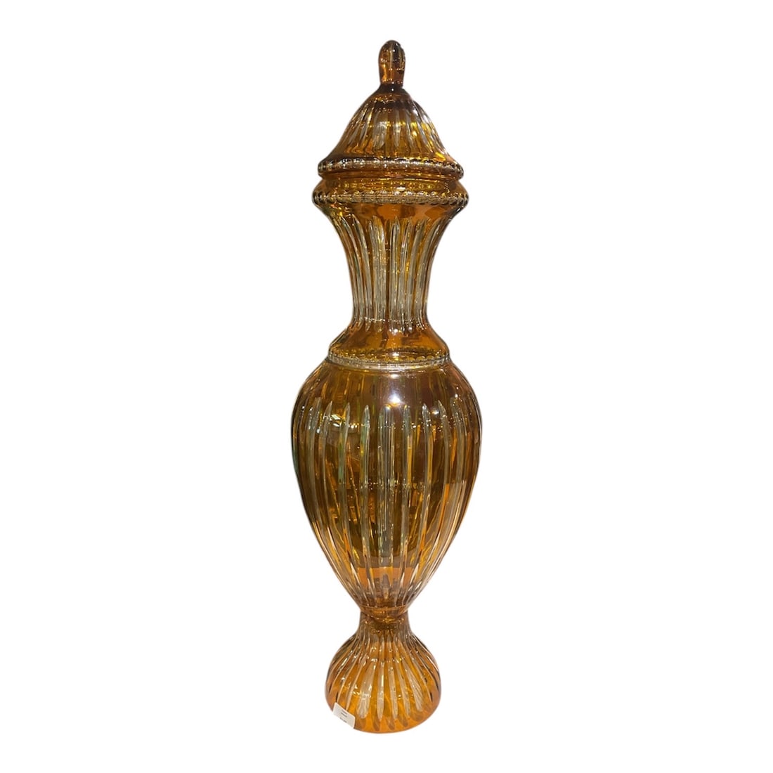 CS564 - Amber Cut Crystal Covered Vase: A striking and richly colored amber crystal vase featuring an elegant covered form and finely executed vertical fluting throughout. The vase is crafted in a classic baluster shape, with a gently taper