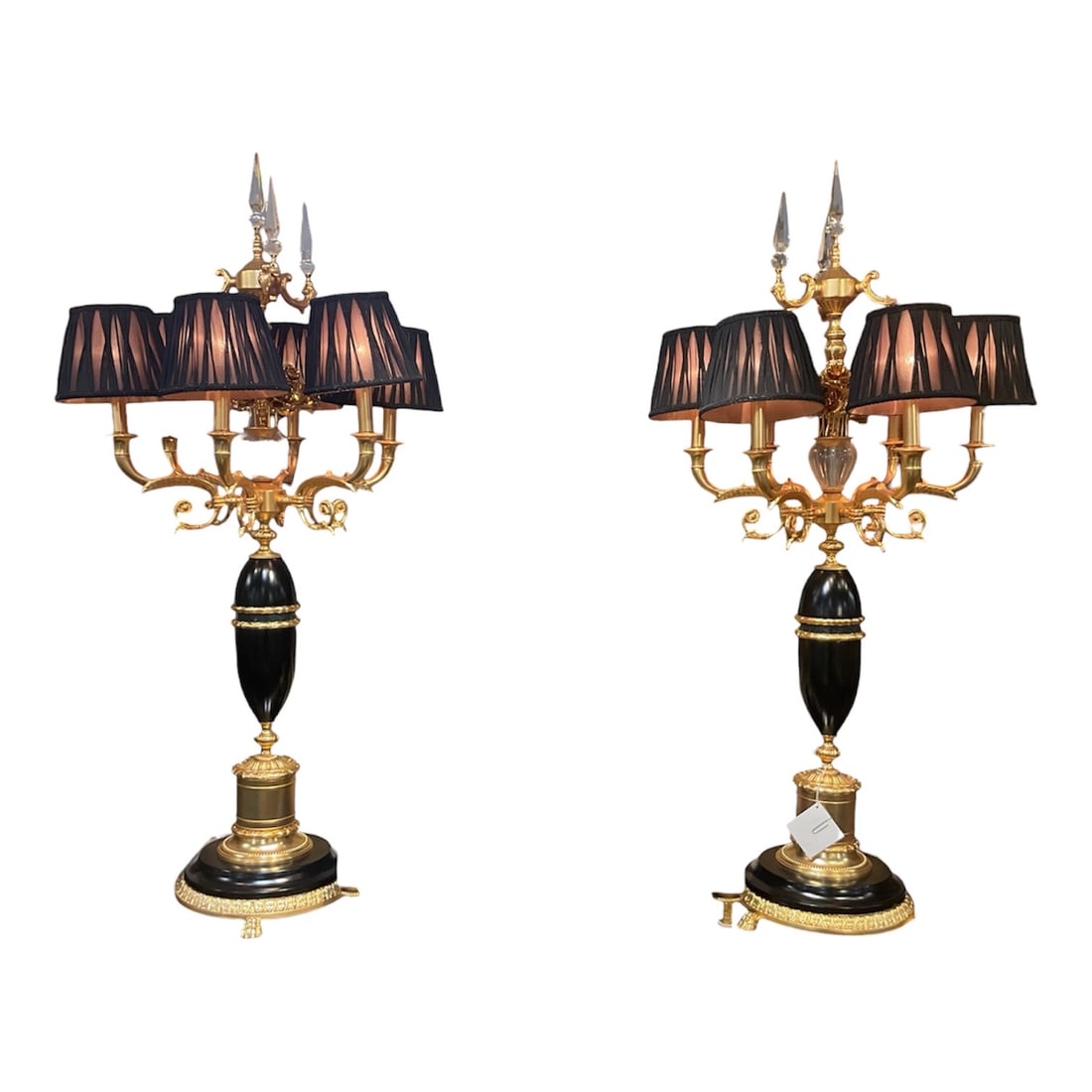 LM092 - Pair of Dore Bronze, Crystal, and Black Table Lamps with Multi-Arm Light Form: A dramatic and highly decorative pair of table lamps combining dore bronze, crystal elements, and black lacquered components in a sophisticated multi-arm design. Each lamp is constructed with a centra
