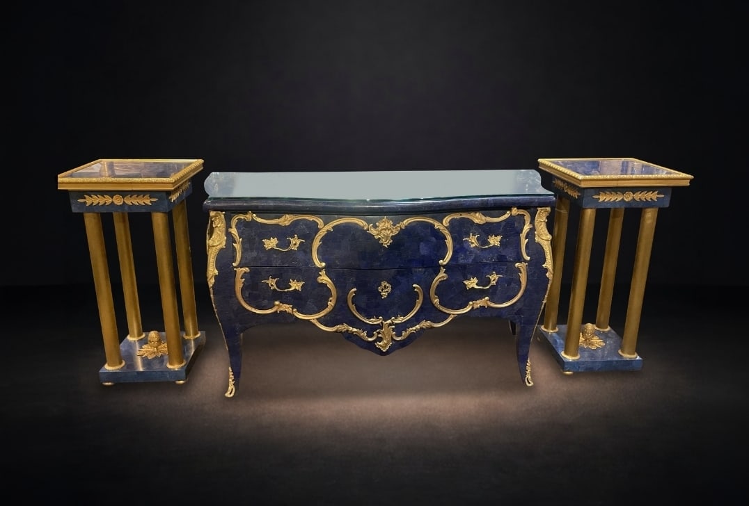 LC191 - Pair of Lapis and Dore Bronze Pedestals: An elegant pair of pedestals executed in the classical style, featuring richly patterned lapis lazuli surfaces complemented by finely detailed dore bronze mounts. Each pedestal is designed with a squa