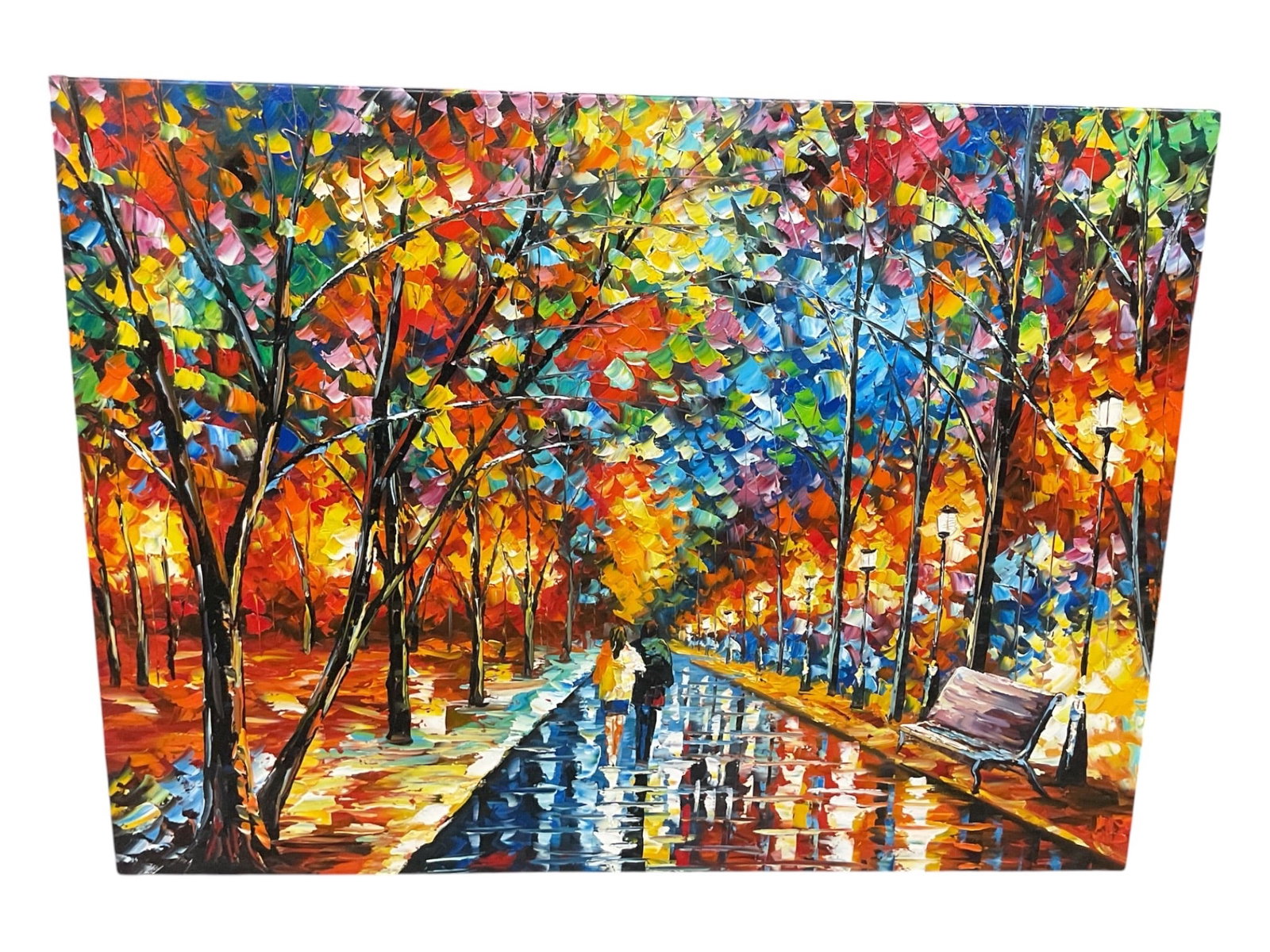 Autumn Park Promenade in the Style of Leonid Afremov Oil on Canvas: Description Large original impressionist oil painting on canvas depicting a couple strolling along a wet park pathway lined with glowing streetlamps and vibrant au