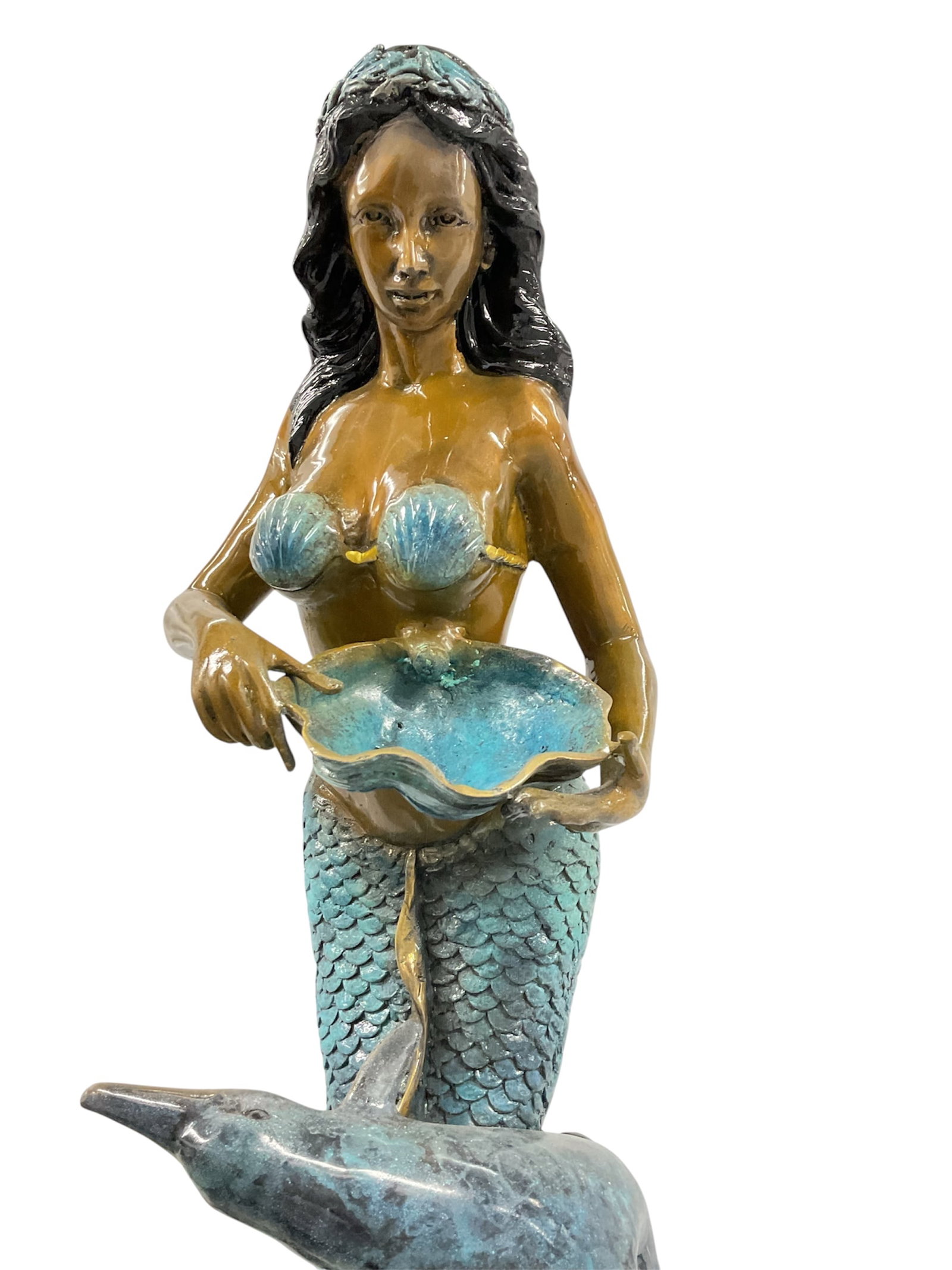 W. Aribu Bronze Mermaid with Dolphins Sculpture: A large signed bronze sculpture by W. Aribu depicting a mermaid surrounded by two dolphins in a dynamic underwater composition. The mermaid is modeled with long flowing hair, a shell-form top, individ
