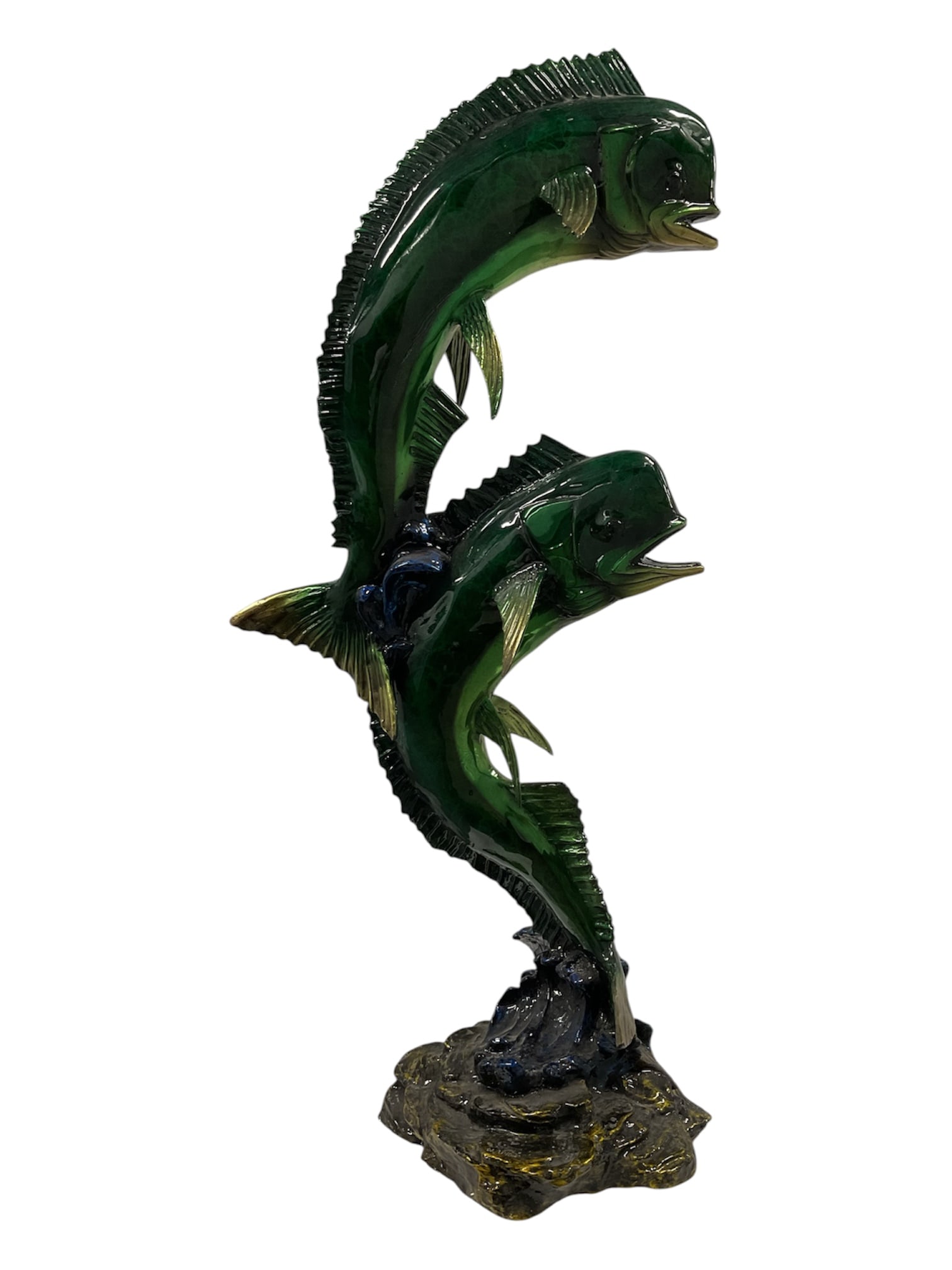 W. Aribu Double Dorado Bronze Sculpture: A large signed bronze sculpture by W. Aribu depicting two dorado (mahi-mahi) dramatically leaping from stylized ocean waves. The fish are rendered with elongated curved bodies, prominent dorsal fins, 