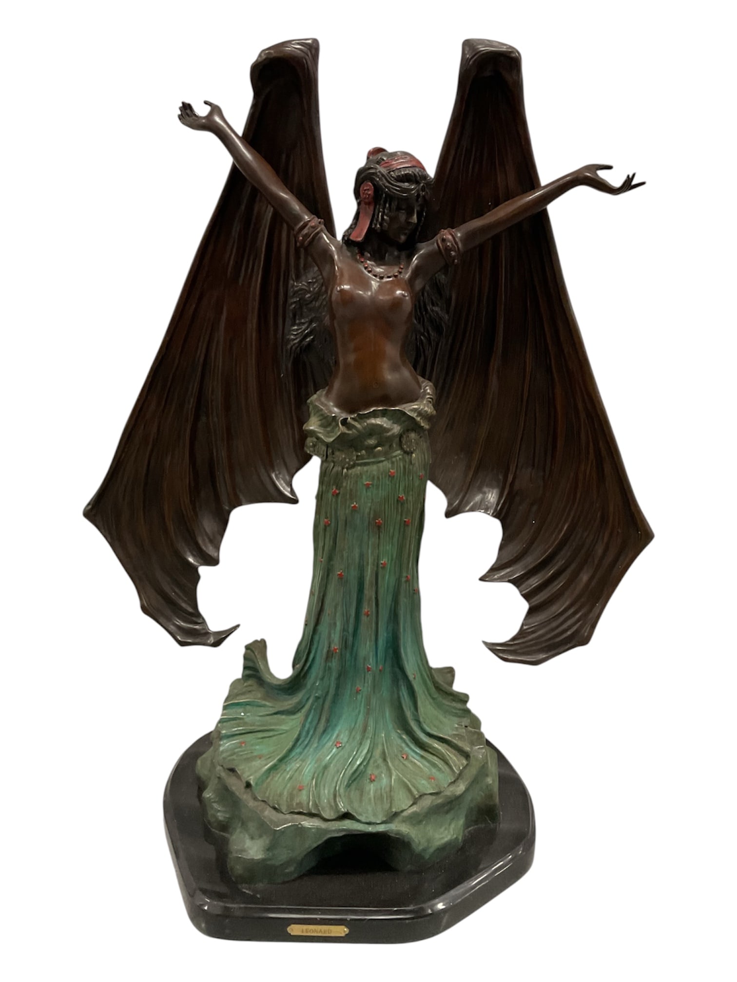 After Agathon Leonard Le Vampire Polychrome Bronze Sculpture: A dramatic polychrome bronze sculpture modeled after Agathon Léonard’s celebrated Art Nouveau work Le Vampire, also known as La Chauve-Souris (The Bat). The composition depicts a mysterio
