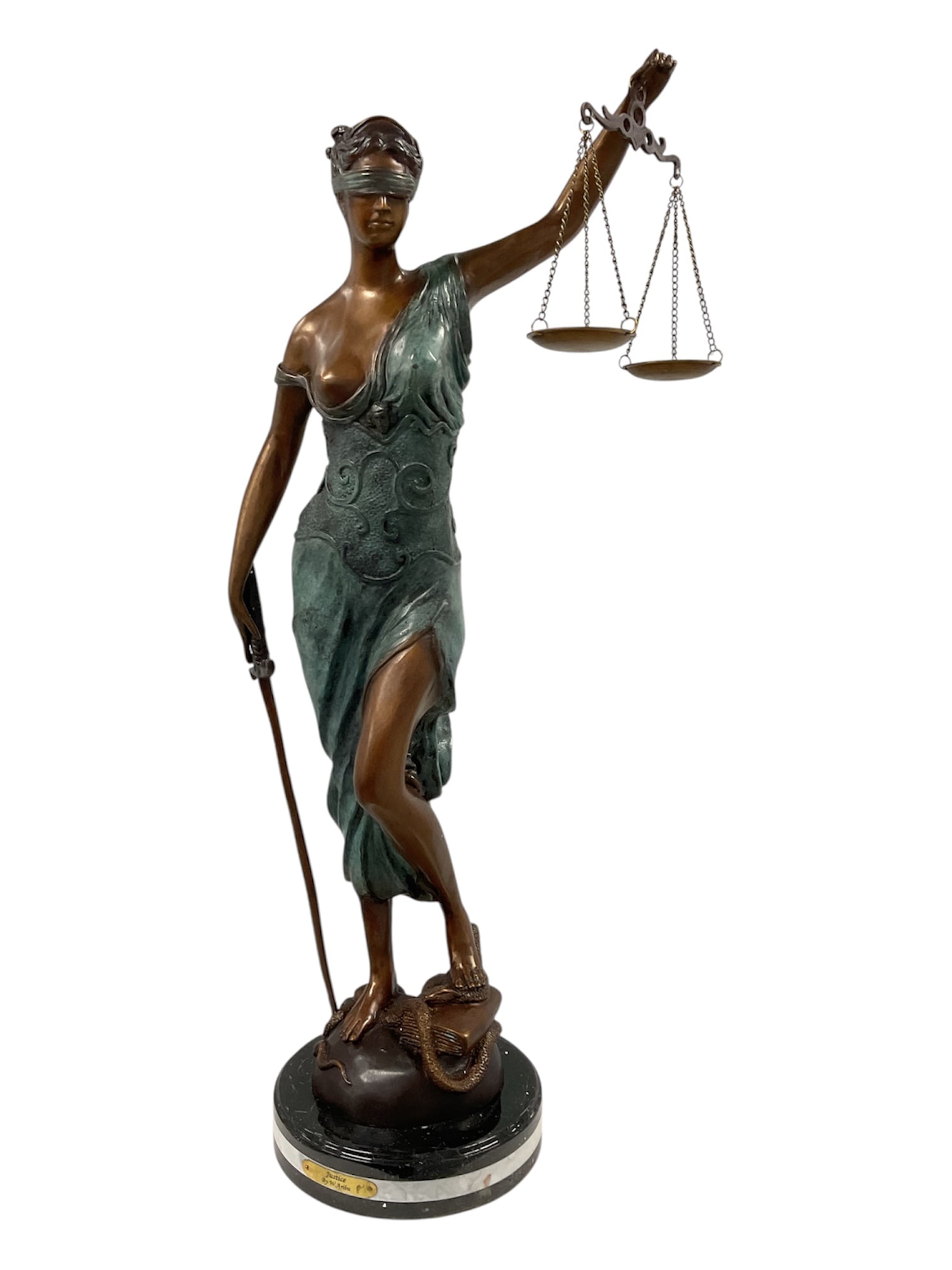 W. Aribu Justice Bronze Lady Justice Sculpture: A large bronze sculpture by W. Aribu titled Justice, depicting the iconic blindfolded Lady Justice standing with one arm raised and holding a suspended balance scale, while the opposite hand holds a s