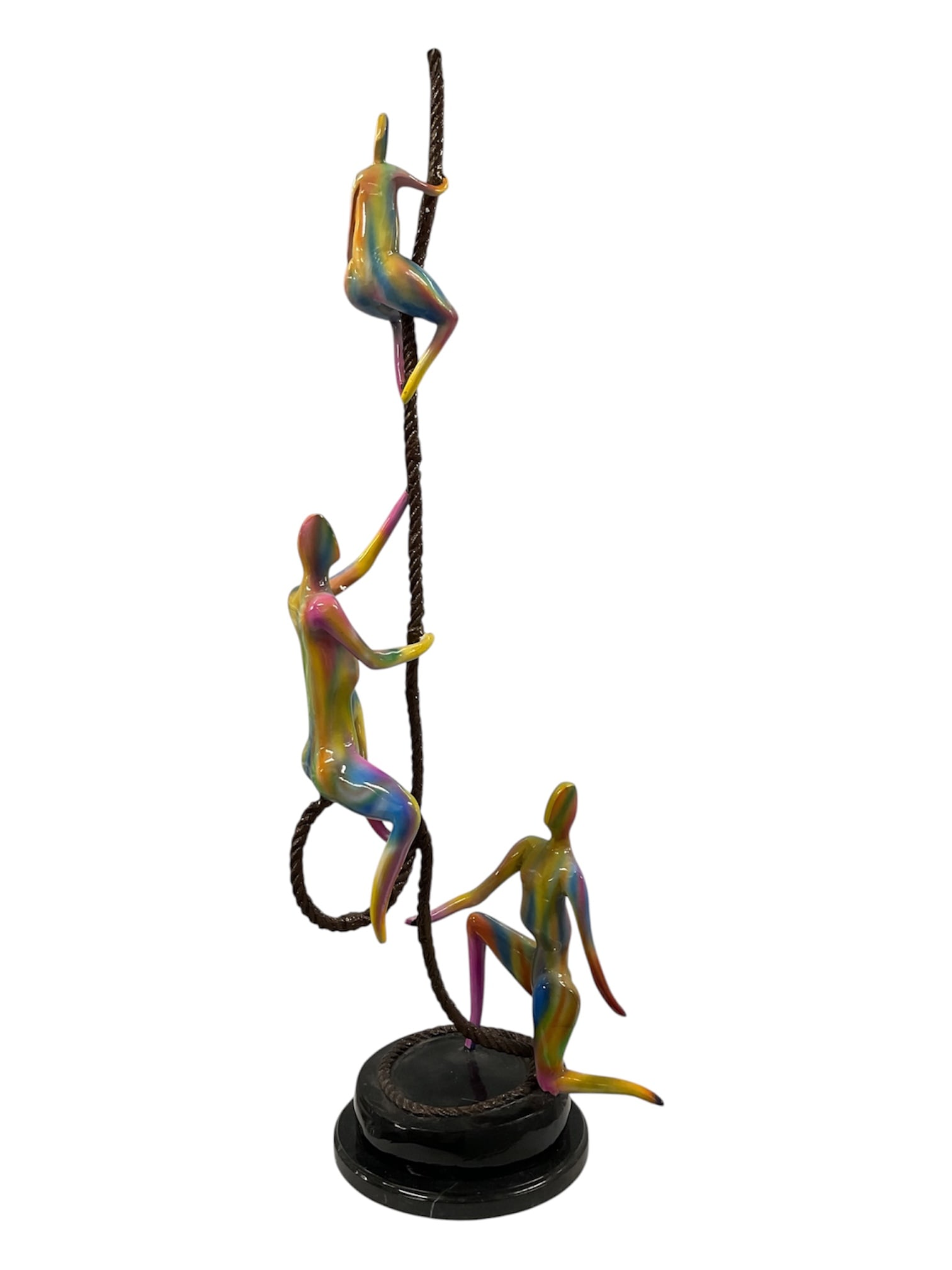 R. Alvarado Limited Edition Polychrome Bronze Rope Climbers Sculpture 8/75: A striking contemporary bronze sculpture by R. Alvarado depicting three stylized human figures ascending a long vertical rope. The elongated, abstracted figures are arranged at varying heights and pos