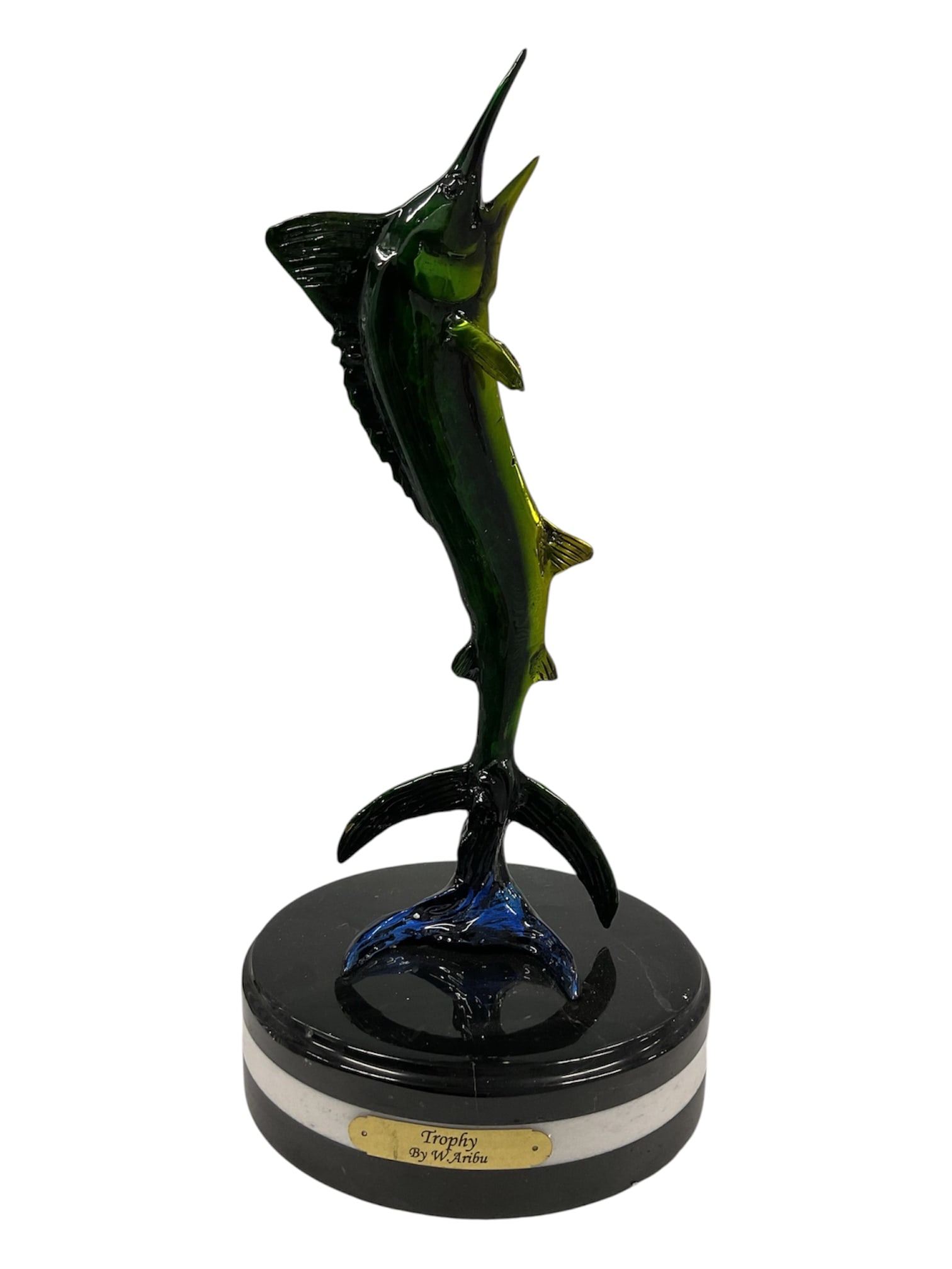 W. Aribu Trophy Polychrome Bronze Marlin Sculpture: A signed bronze sculpture by W. Aribu titled Trophy, depicting a single marlin dramatically rising in a vertical pose with its long bill pointed upward. The fish is modeled with a prominent dorsal fin