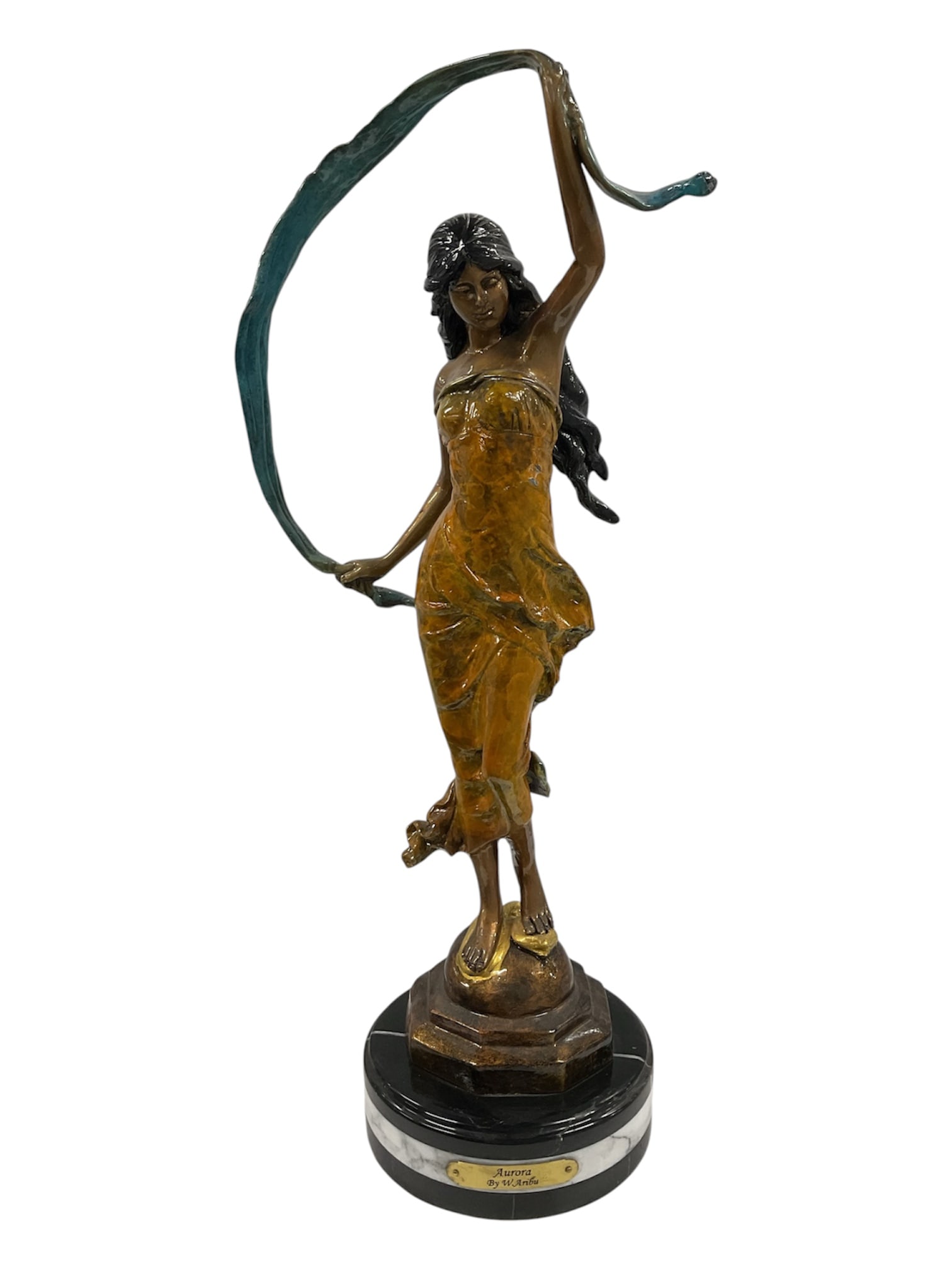 W. Aribu Aurora Limited Edition Polychrome Bronze Sculpture 15/300: A signed and numbered bronze sculpture by W. Aribu titled Aurora, depicting an elegant female figure in a flowing golden gown gracefully holding a long ribbon that sweeps around her body in a dramatic