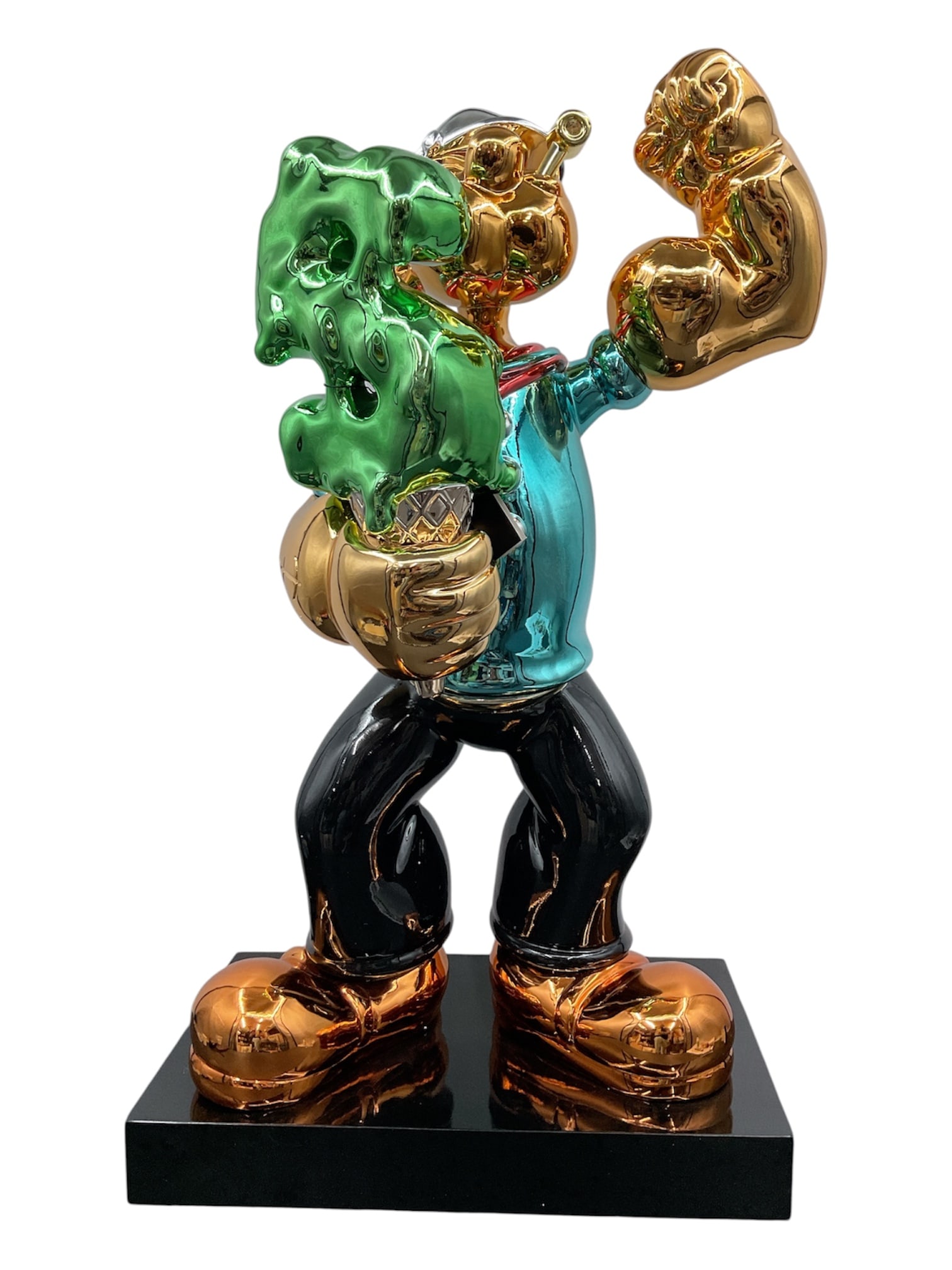 Contemporary Pop Art Popeye Holding Dollar Sign Sculpture: Large contemporary pop art sculpture depicting Popeye flexing his muscular arm while holding a dripping green dollar sign. Executed in a highly reflective metallic finish with gold-tone skin, turquois