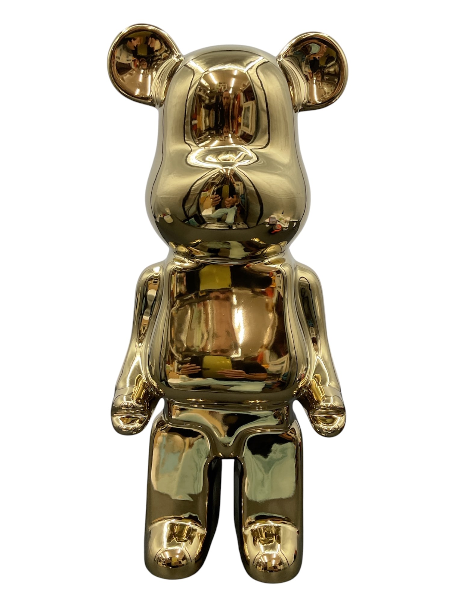 Contemporary Gold Tone Bearbrick Style Coin Bank Sculpture: Contemporary decorative sculpture in the form of a stylized bear figure with a high-gloss reflective gold-tone finish. Designed in the manner of Bearbrick and modern pop art collectibles, the piece fe