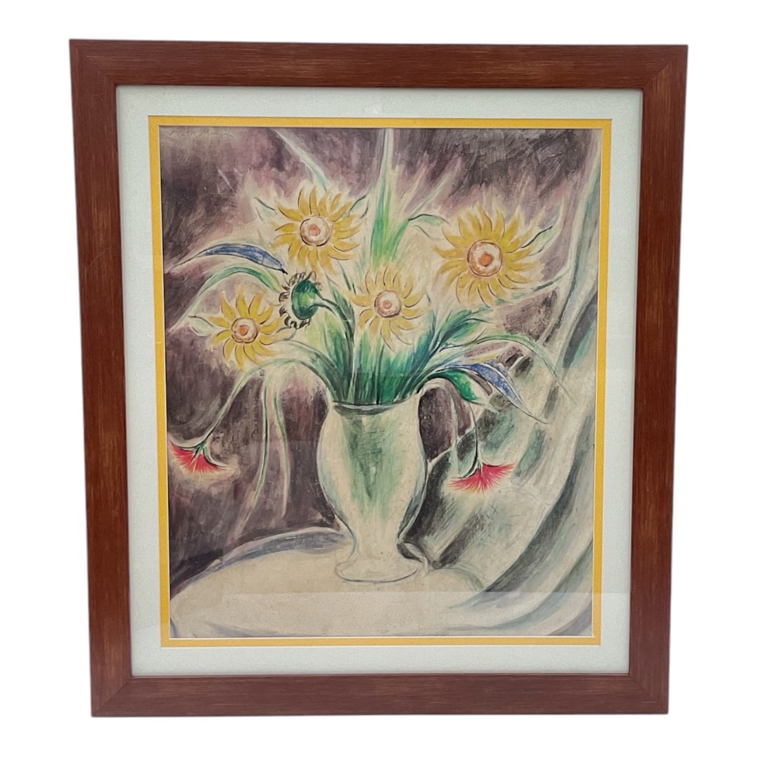 Florero by Víctor Manuel García (Cuba, 1897-1969) Mixed Media on Masonite: An original mixed media still life painting on masonite by pioneer Cuban modernist Víctor Manuel García. Titled Florero, the composition depicts a lush arr