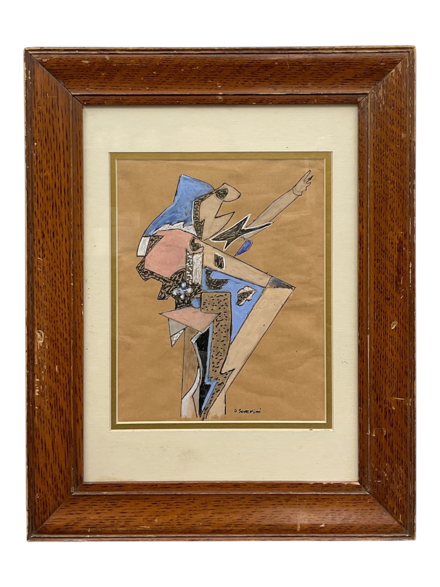 After Gino Severini Futurist Style Mixed Media Composition: A framed mixed media composition rendered in a Cubist/Futurist style, depicting an abstracted, angular figure in motion. The work features geometric fragmentation, bold linear elements, and a
