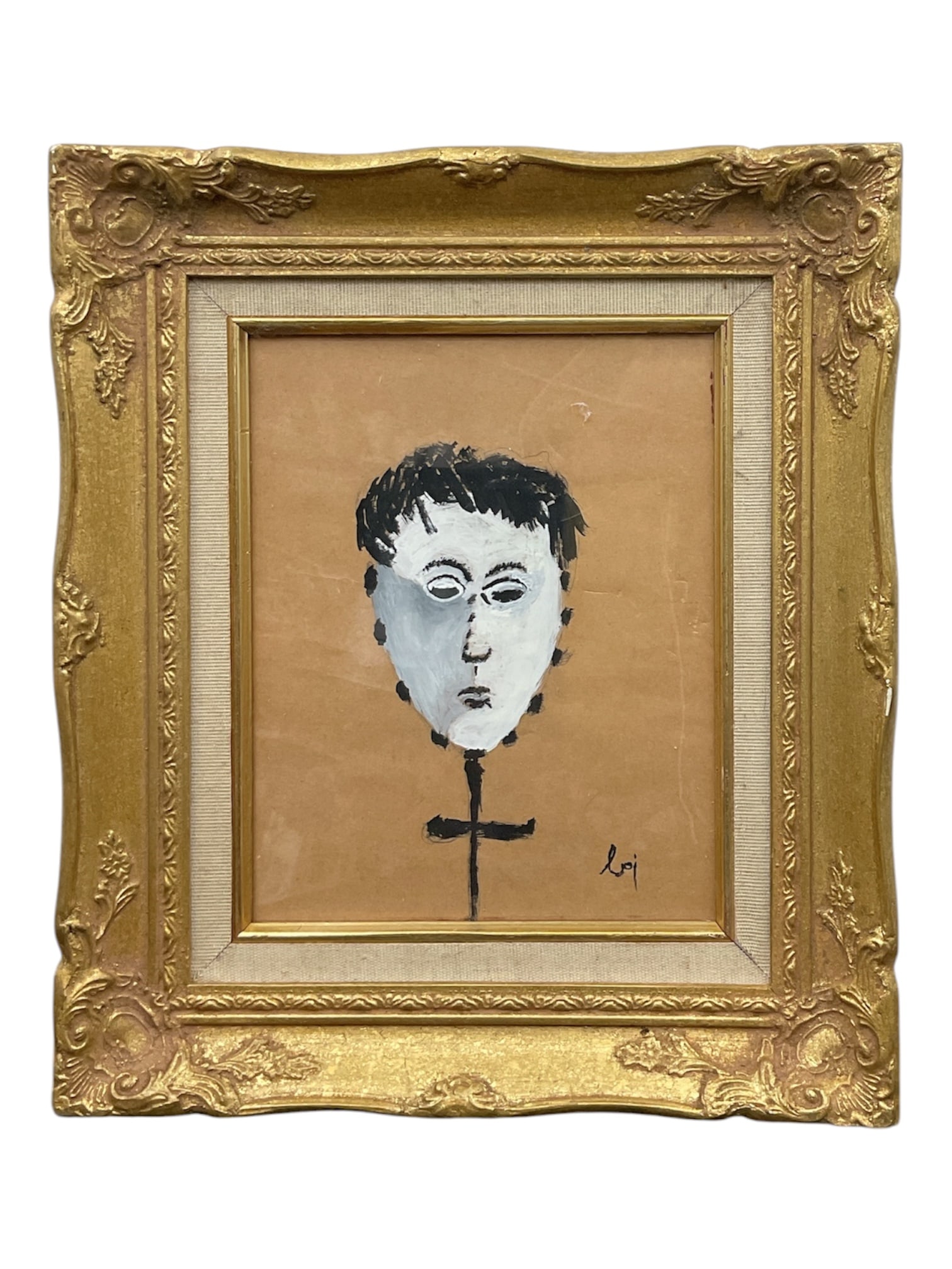 “Autoritratto?? After Enrico Baj Mixed Media Portrait: A framed mixed media portrait composition rendered in a stylized, naïve modernist manner, depicting a simplified face with bold black outlining and muted tones against a brown ground. The work