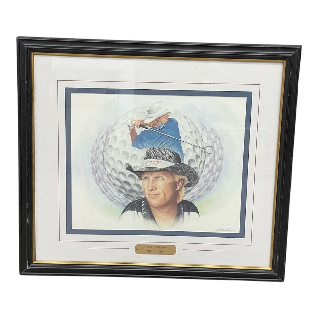 Greg Norman "The Shark" Lithograph:  Greg Norman "The Shark" signed by the artist on the lower right and dated 1995. Medium: Lithograph Dimensions: H:23in L:26in