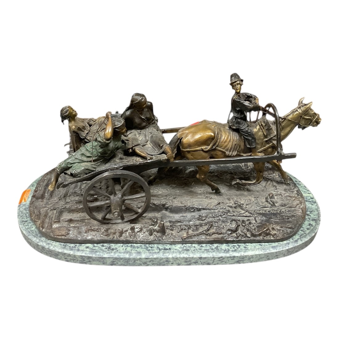 After Evgeni Alexandrovich Lanceray (Russian, 1848-1886) Bronze Troika Group: Description: A large-scale 20th-century patinated bronze sculpture after the original model by Evgeni Alexandrovich Lanceray. The work depicts a traditional Russian "troika" or peasant cart 