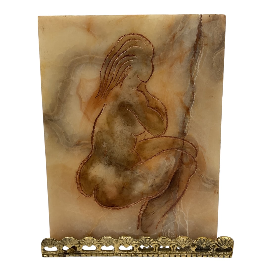 Signed Nude Female Relief Carving on Onyx Stone Panel, 1989: Decorative carved onyx stone panel depicting a stylized seated female nude figure in relief, signed and dated 1989 in the lower corner. The composition is carved directly into a polished natural