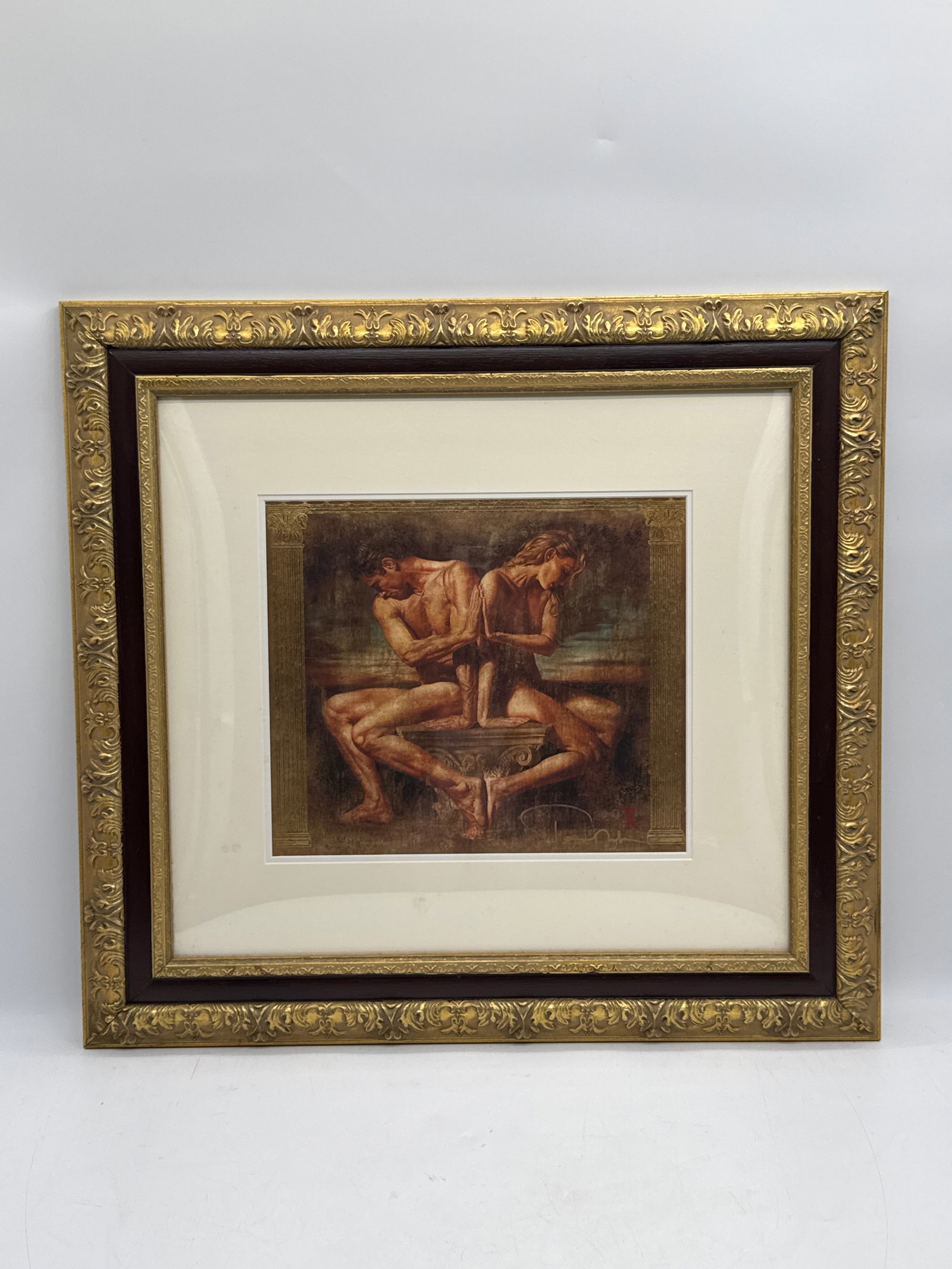 "Missa Breve" by Tomasz Rut (Poland, b.1961) Giclée: Description: Limited edition embellished paper giclée by contemporary figurative artist Tomasz Rut, titled Missa Breve. The composition portrays two i