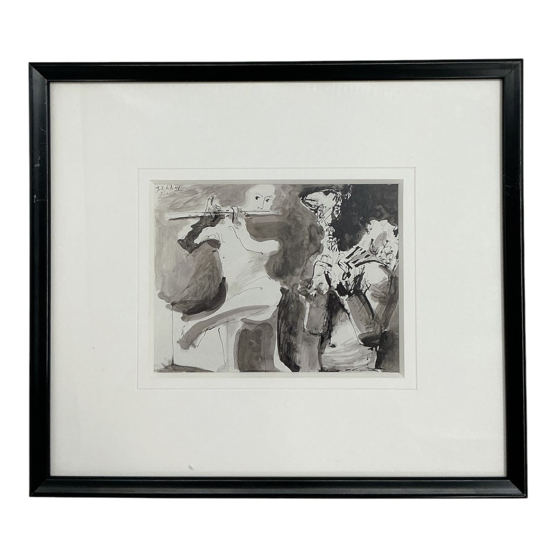 "Flutist and Figure (Le Goût du Bonheur)" by Pablo Picasso (Spain, 1881–1973) Lithograph: Monochrome ink wash lithograph on paper depicting a musician playing a flute beside an expressive figure, from Picasso's Le Goût du Bonheur suite published in
