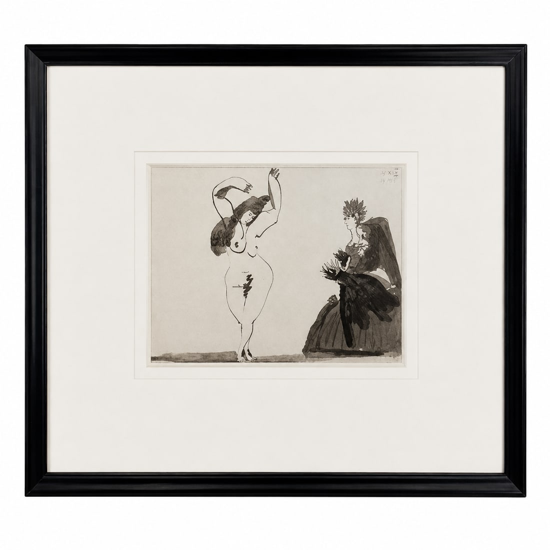 "Le Déjeuner sur l'Herbe" by Pablo Picasso (Spain, 1881-1973) Lithograph: This framed lithograph features Pablo Picasso's interpretation of "Le Déjeuner sur l'Herbe" (after Édouard Manet). The modernist composition depicts stylized, linear fi
