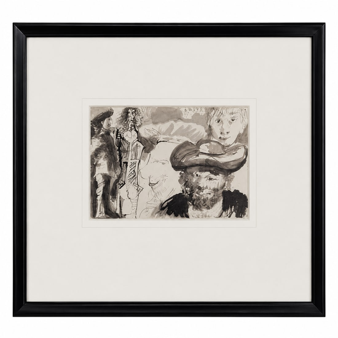 Pablo Picasso (Spain, 1881-1973) Lithograph: Monochrome ink wash lithograph on paper depicting a multi-figure composition with Rembrandt-esque characters, from Picasso's Le Goût du Bonheur suite published