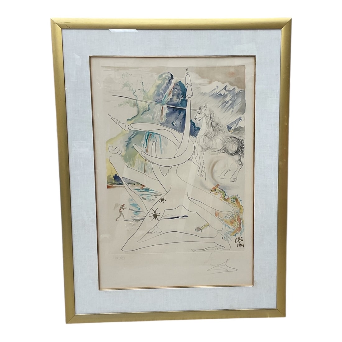 "L'Unicorne Laser Désintègre les Cornes de Rhinocéros Cosmique" by Salvador Dalí (Spain,: This 1974 work is a centerpiece from Dalí's "La Conquête du Cosmos" (The Conquest of the Cosmos) suite, published by Jean Lavigne, Paris. The composition is a masterful