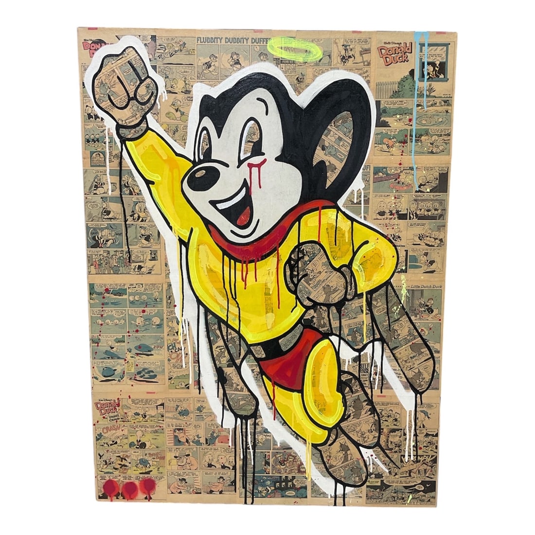 "No Rats Allowed" by Sean Sullivan (American, B.1974) Mixed media on canvas: This mixed media work on canvas by Sean Sullivan features a central, stylized depiction of the cartoon character Mighty Mouse in his signature heroic pose. The background is a collage of vintage comic