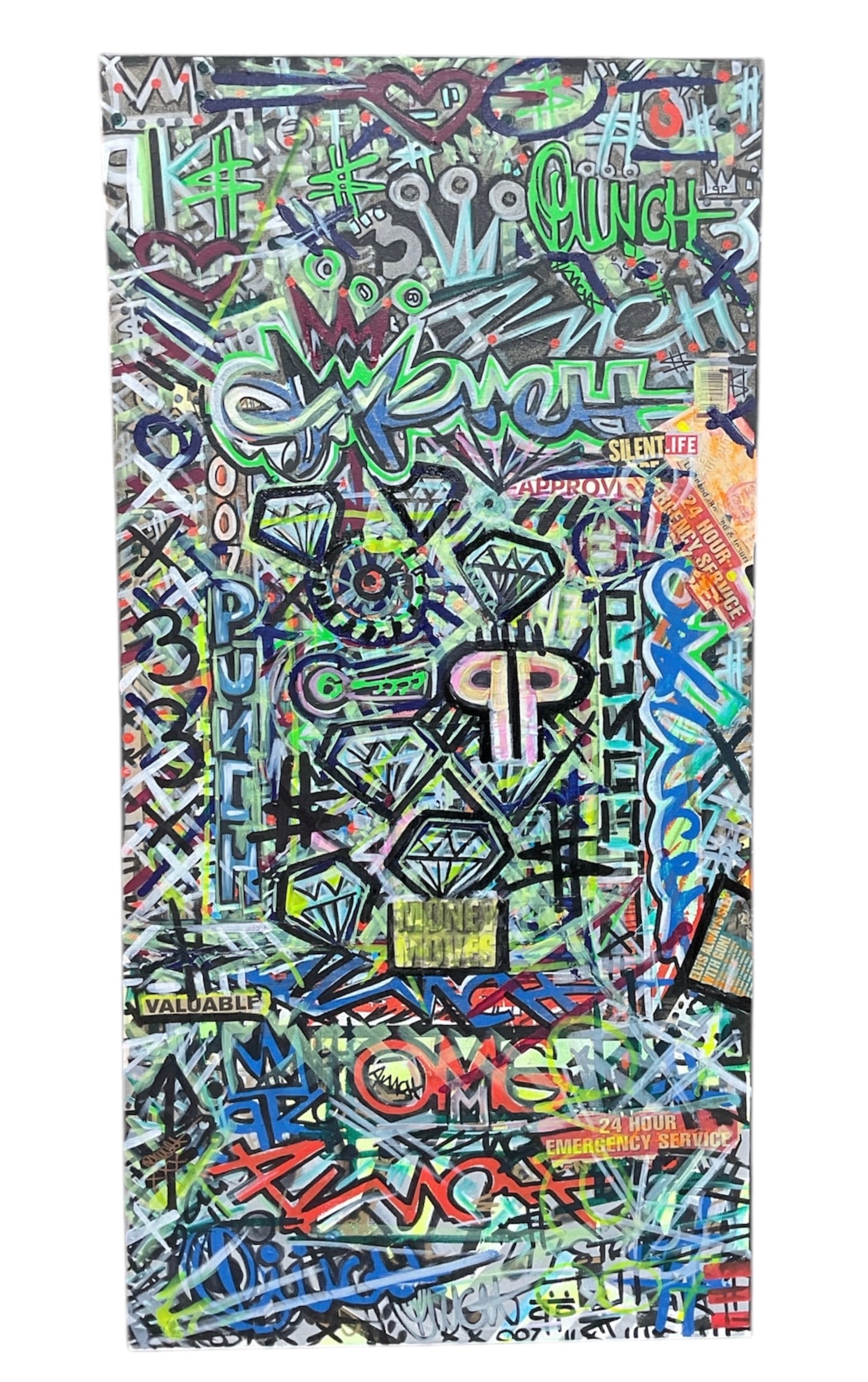 Punch007nyc Pavle Stanimirovic (American, B.1972) Mixed media on canvas: This large-scale mixed media work is by Pavle Stanimirovic, the New York-based artist and former Pink Panther jewel thief known as Punch. The composition is a dense, high-energy graffiti collage featu