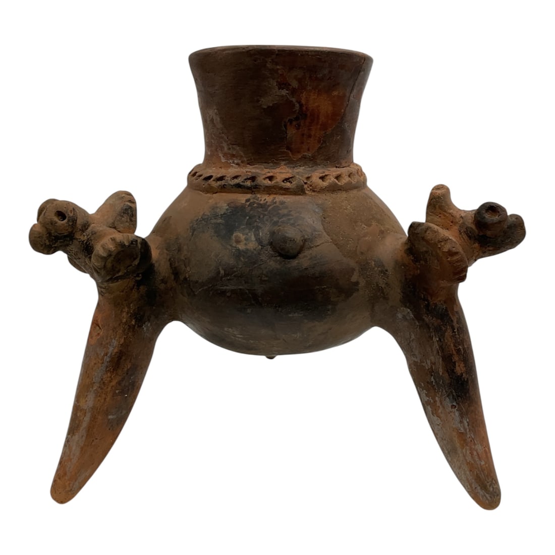 Pre-Columbian Polychrome Zoomorphic Effigy Jar, Costa Rica, c. 500-1500 CE: Hand-modeled terracotta effigy jar depicting a seated zoomorphic figure, likely a monkey or stylized primate. The vessel features a rounded, bulbous body with the figure's limbs rendered in relief