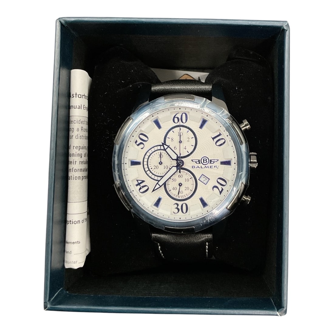 Brand New Balmer Chronograph Men's Wristwatch: A Balmer men's chronograph wrist watch featuring a textured off-white dial with prominent Arabic numeral markers, blue stick indices, skeletonized hands, three sub-dials, and a date window at the 