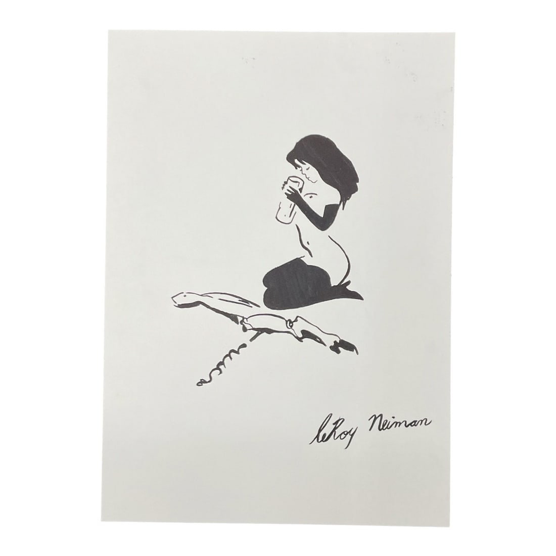 Seated Nude with Corkscrew in the Style of LeRoy Neiman (American, 1921-2012) Ink on paper: This stylized ink drawing on paper, executed in the style of American Expressionist LeRoy Neiman, depicts a kneeling nude female figure holding a glass or bottle above a corkscrew resting on the groun
