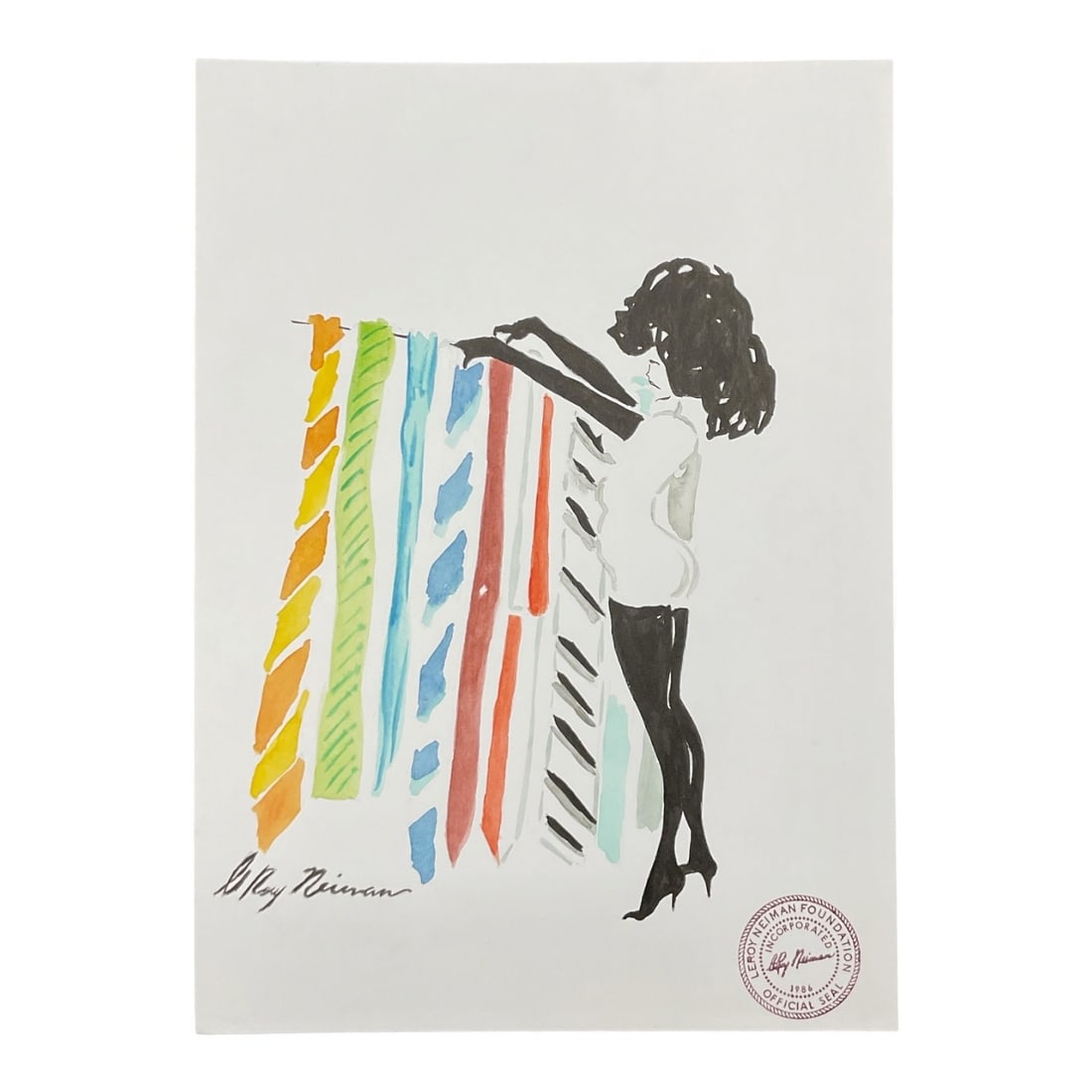 Woman with Colorful Neckties In The Style Of LeRoy Neiman (American, 1921-2012) Ink and marker on: This stylish fashion-oriented figure drawing on paper, executed in the style of American Expressionist LeRoy Neiman, depicts a female figure adjusting a rack of brightly colored, patterned neckties. R